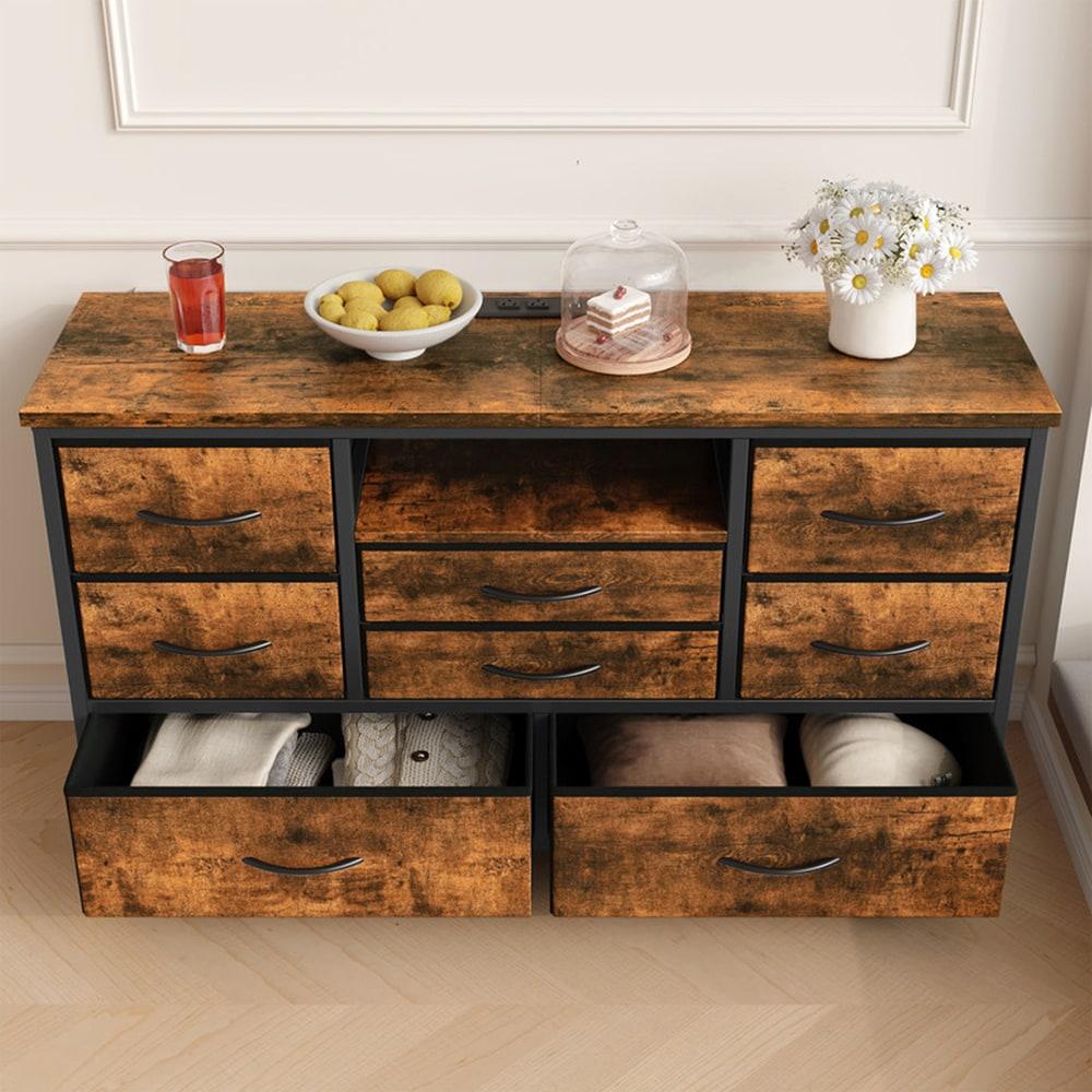 INDSUMOT 8 Dresser TV Stand with Power Outlet & LED for 55'' TV, Long Dresser for Bedroom with 8 Deep Drawers, Wide Console Table for Storage in Closet, Living Room, Entryway, Wood Top(Rustic Brown)