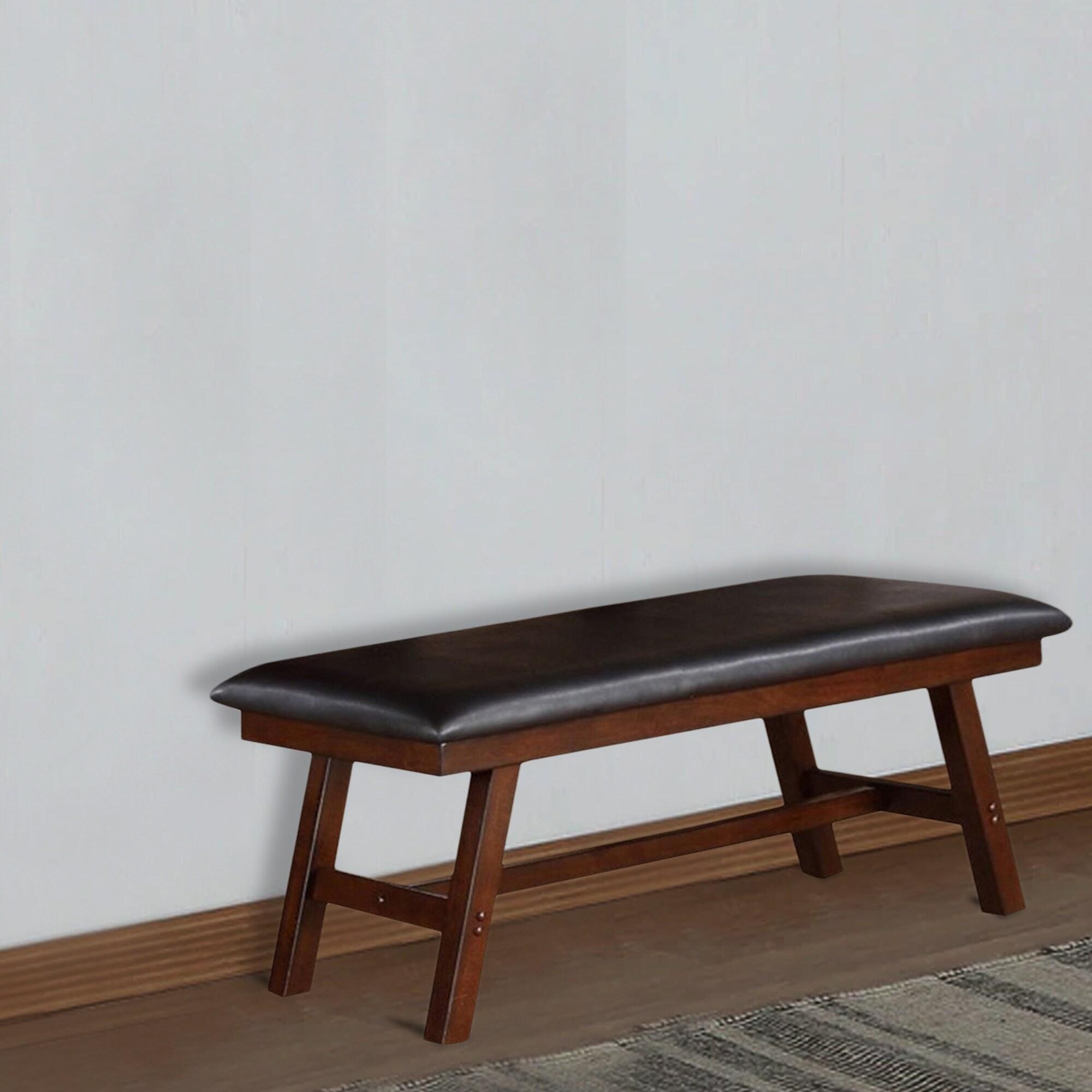 Benjara Rubber Wood Bench With Faux Leather Upholstery, Brown-Size:Large