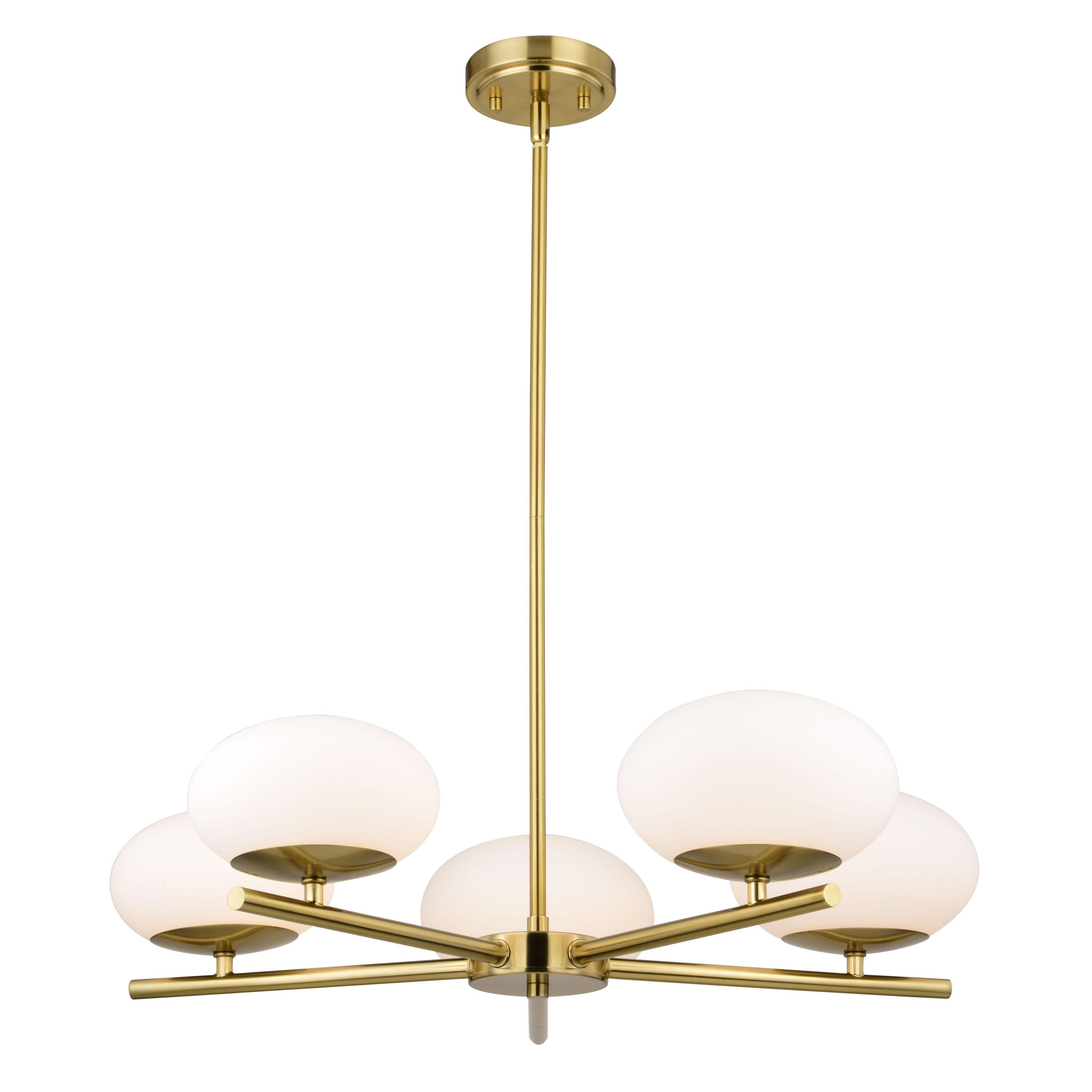 VAXCEL Sloane 5 Light LED Gold Satin Brass Mid-Century Modern Chandelier with White Glass Globes