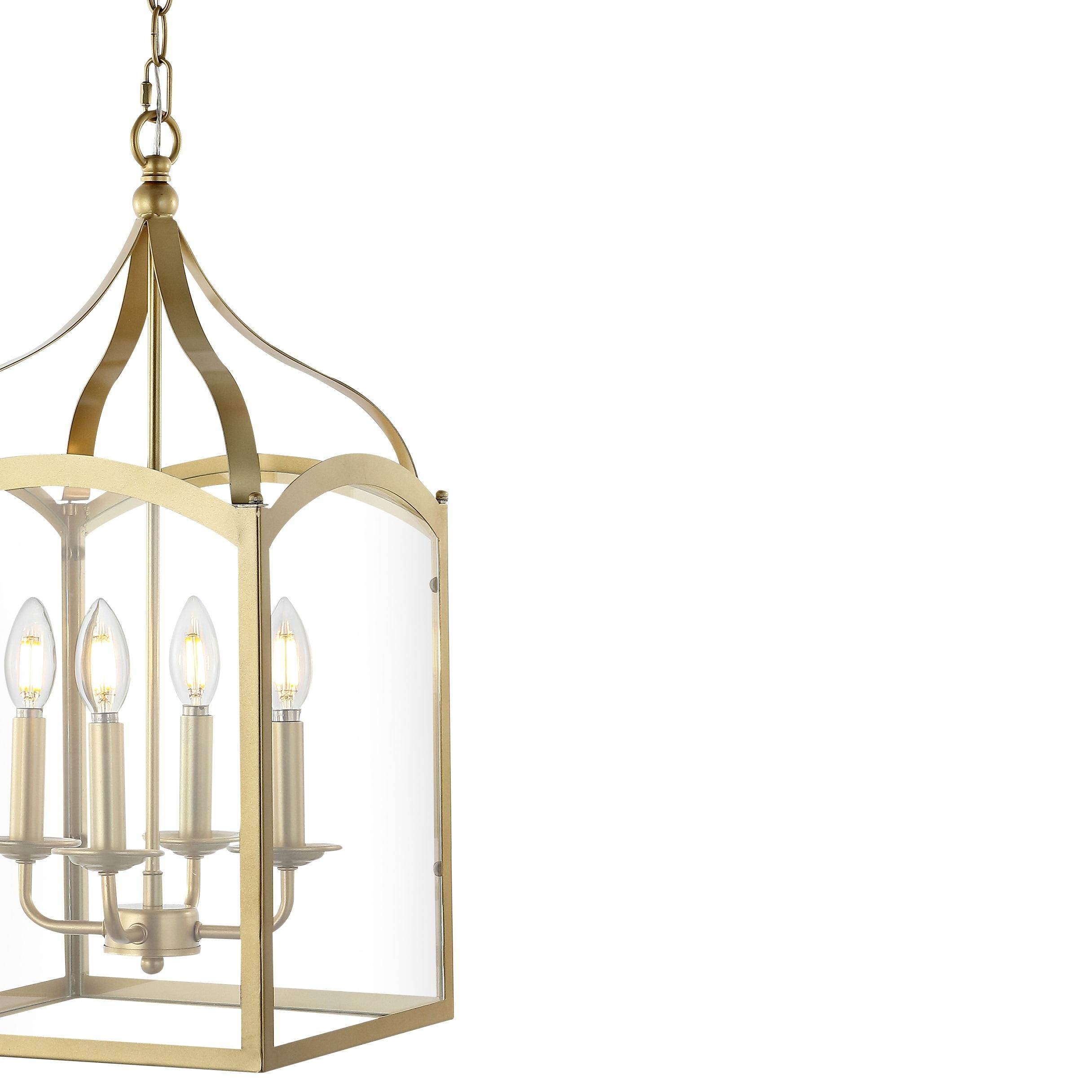 11" LED 4-light Ruth Classic Lantern Metal/Glass Pendant Antique Gold - JONATHAN Y: ETL Listed, Adjustable Height