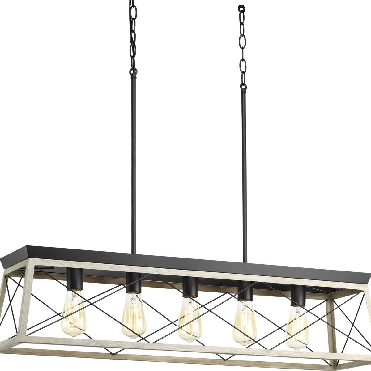 Progress Lighting Briarwood 5-Light Linear Chandelier, Steel, Graphite Finish, Faux-Painted Wood Enclosure