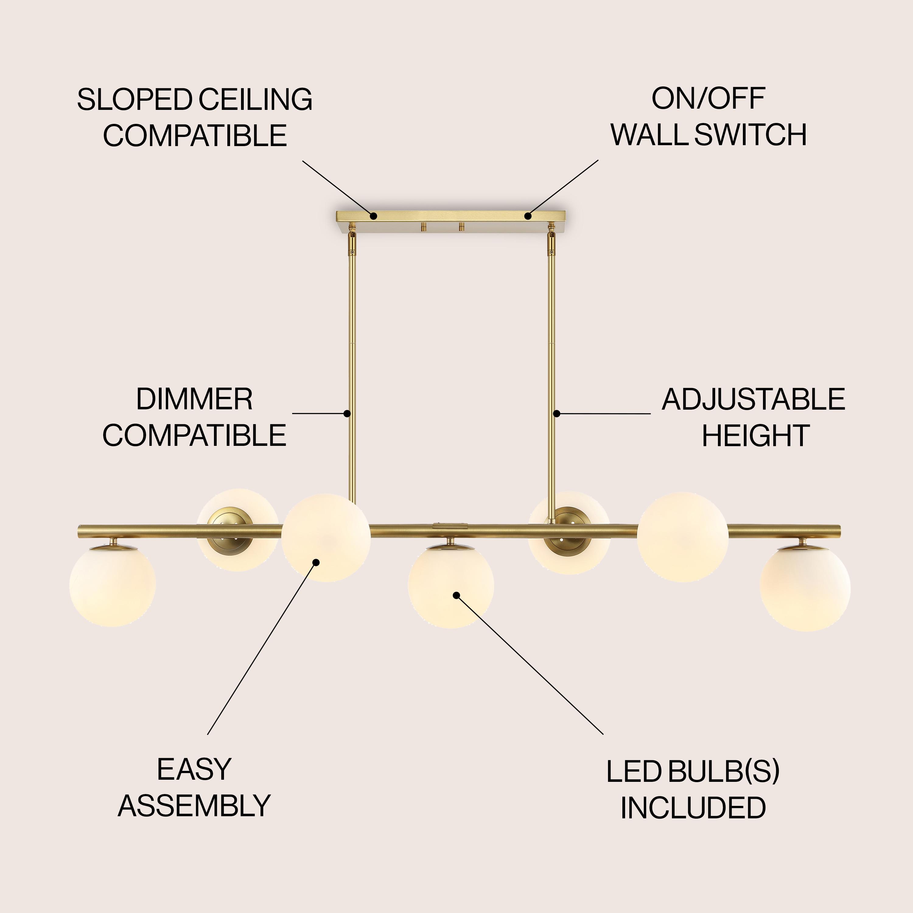 JONATHAN Y JYL7573A Luca Parisian 53" 7-Light Modern Glam Iron Globe Linear LED Pendant Transitional Farmhouse Adjustable Dining Room Living Room Kitchen Island Foyer Bedroom Hallway, Brass Gold/White