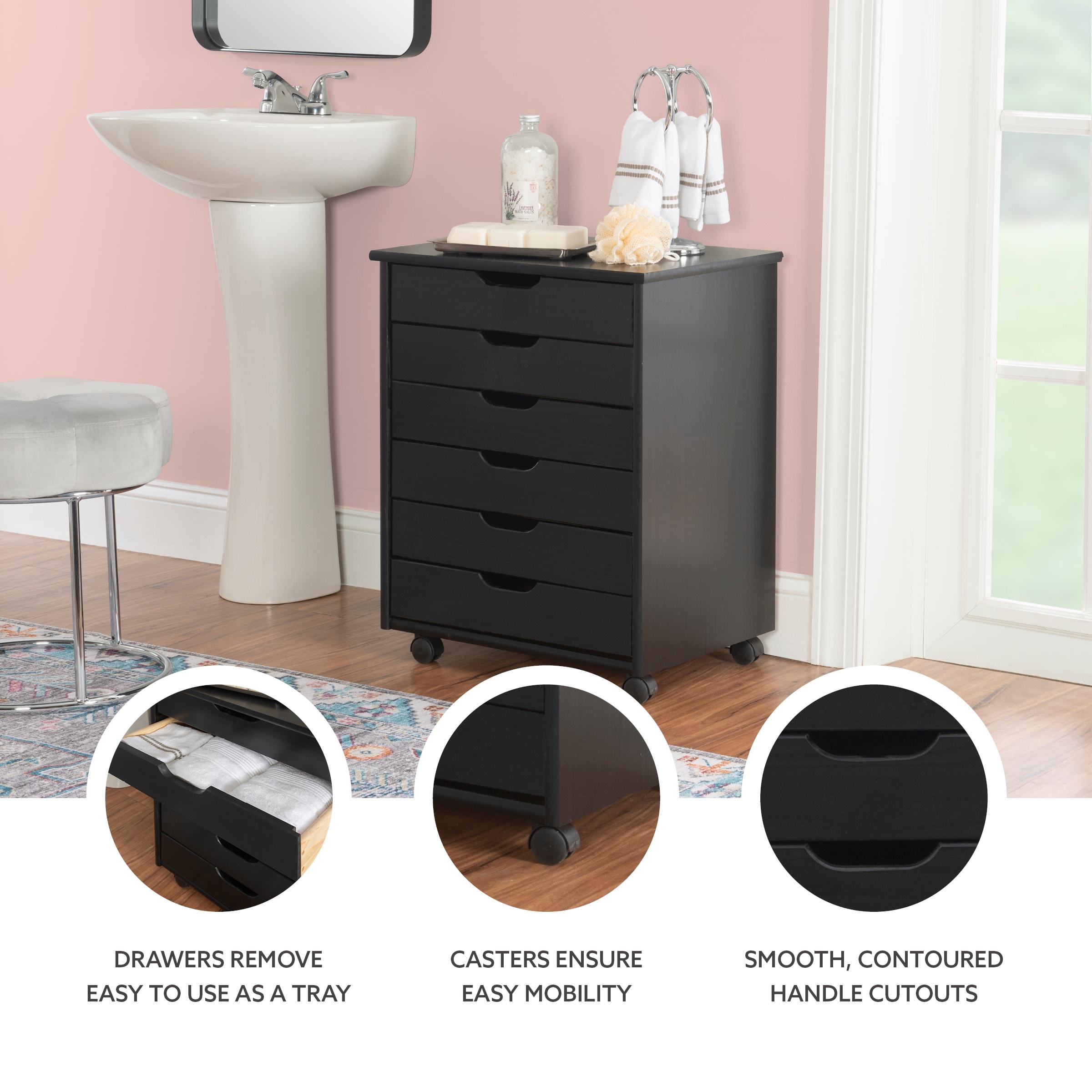 Cary Transitional 6 Drawer Solid Wood Contoured Handle Cut Out Wide Roll Cart Black - Linon: Pine Frame, Farmhouse Style, Portable Storage