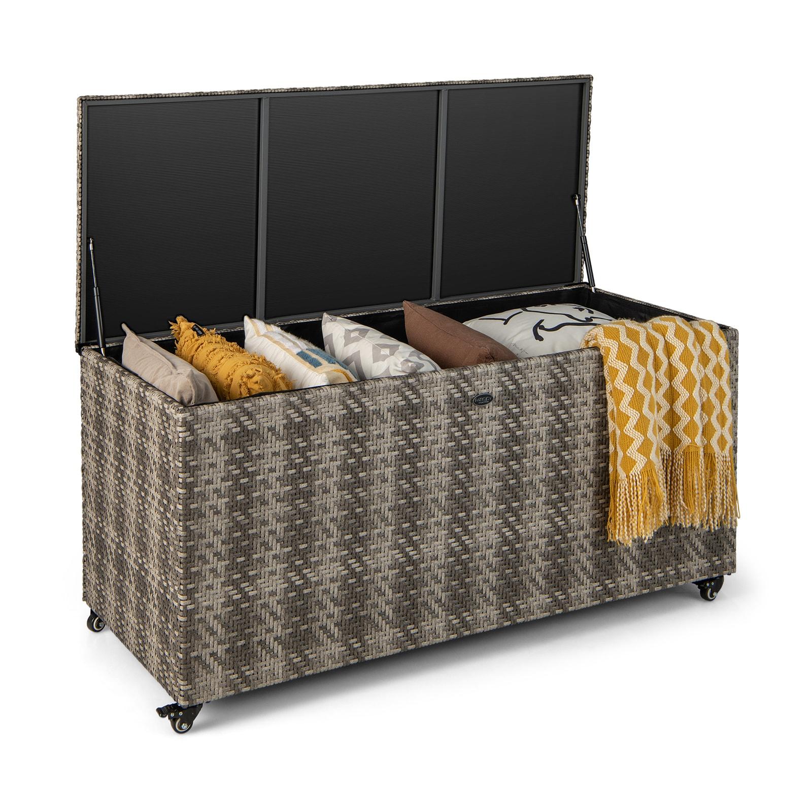 Costway 96 Gallon Patio Rattan Storage Deck Box Container Garden Liner Wheels Mix Grey