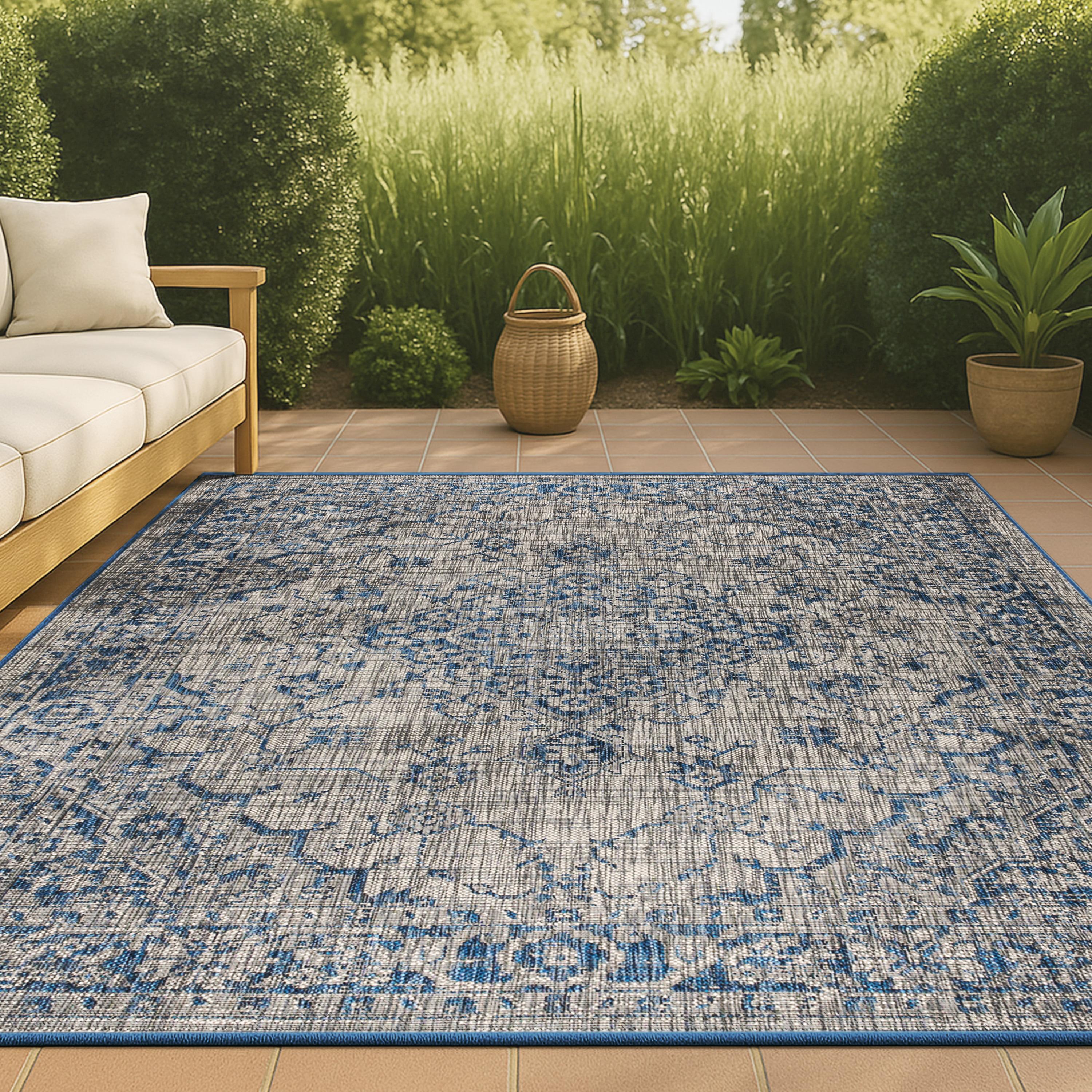 3'x5' Rozetta Boho Medallion Textured Weave Indoor/Outdoor Area Rug, Gray/Navy - JONATHAN Y
