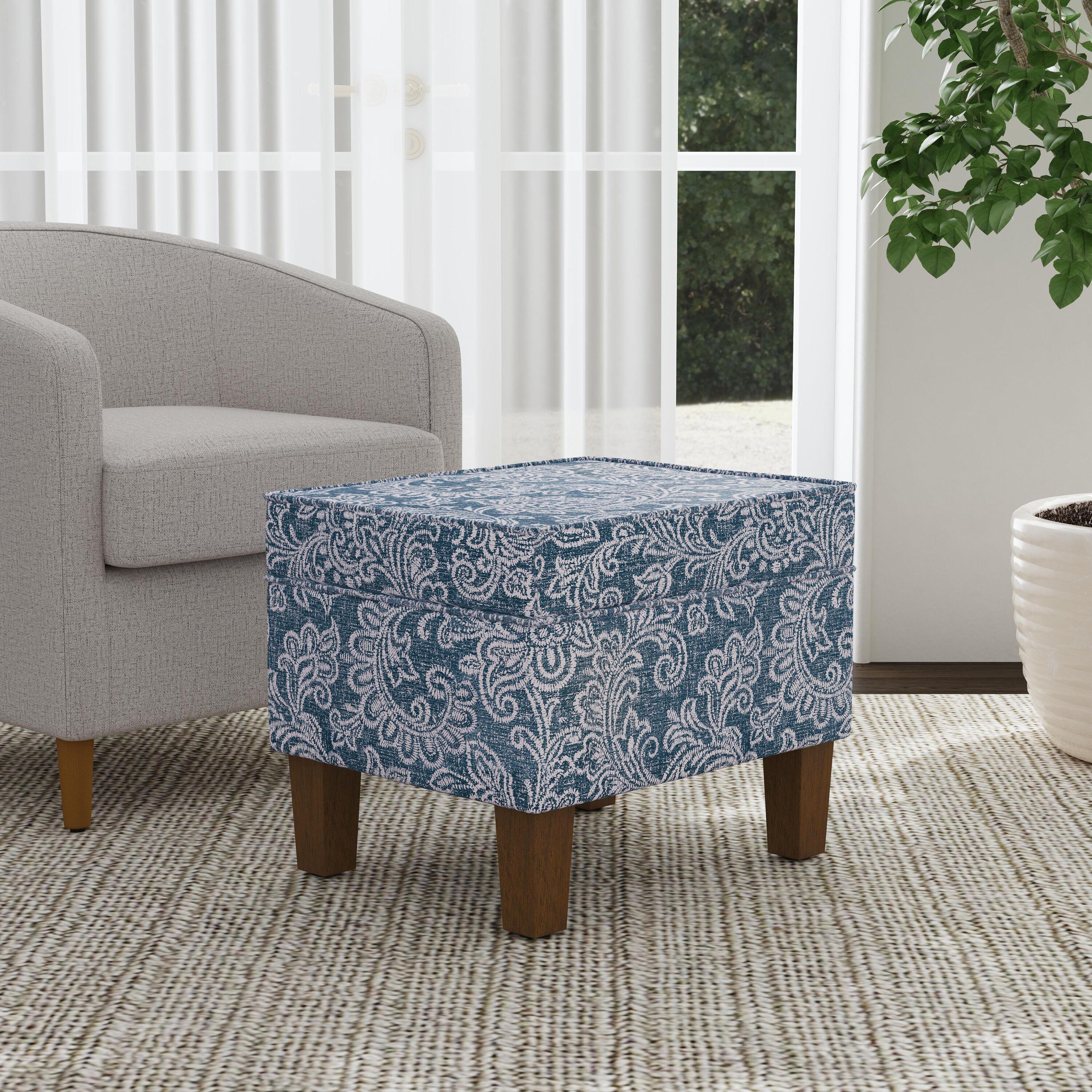 Medium Storage Ottoman Denim - HomePop: Upholstered Footstool, Botanical Pattern, Hardwood Frame