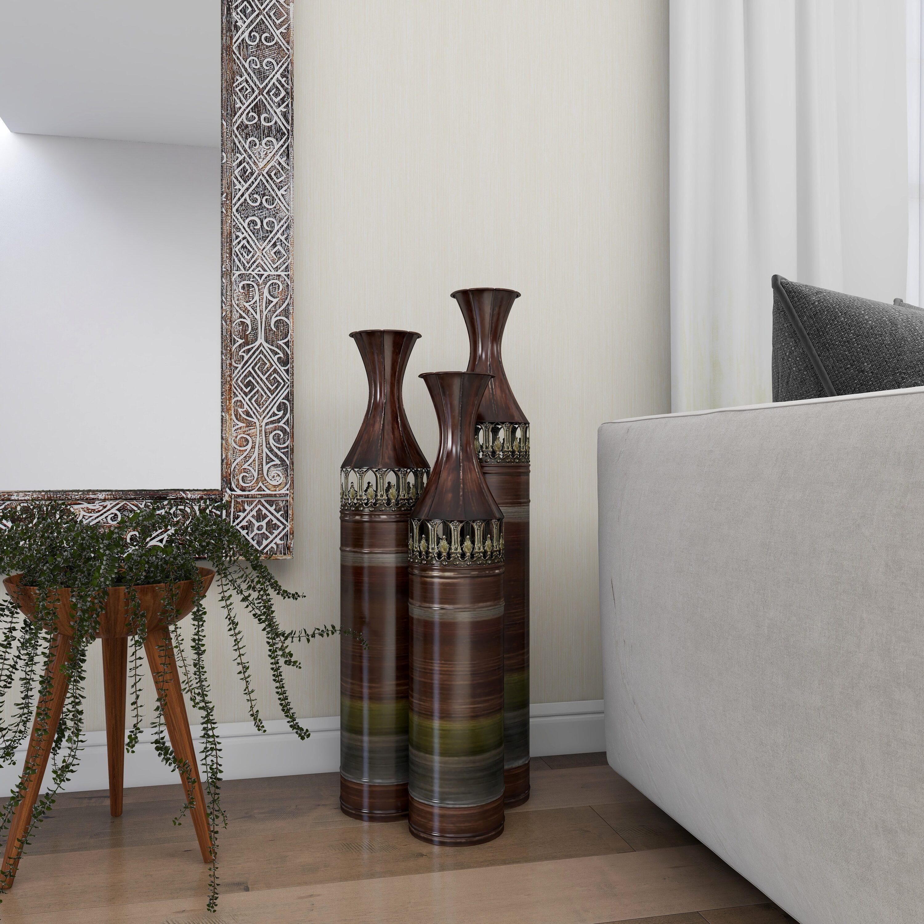 DecMode 34", 31", 28"H Tall Ombre Bronze Metal Vase with Laser Cut Antefix Design, Set of 3