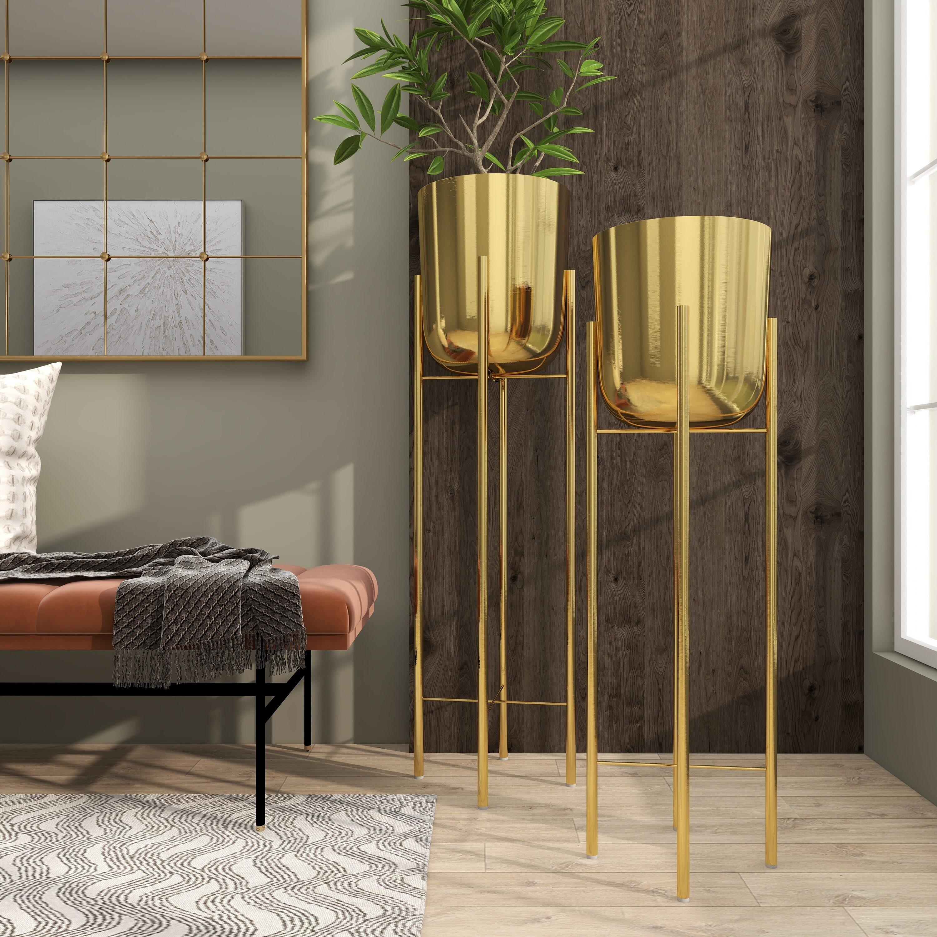 CosmoLiving by Cosmopolitan 2 - Piece Silver Metal Tall Indoor Outdoor Dome Indoor Outdoor Planter with Removable Stand Set