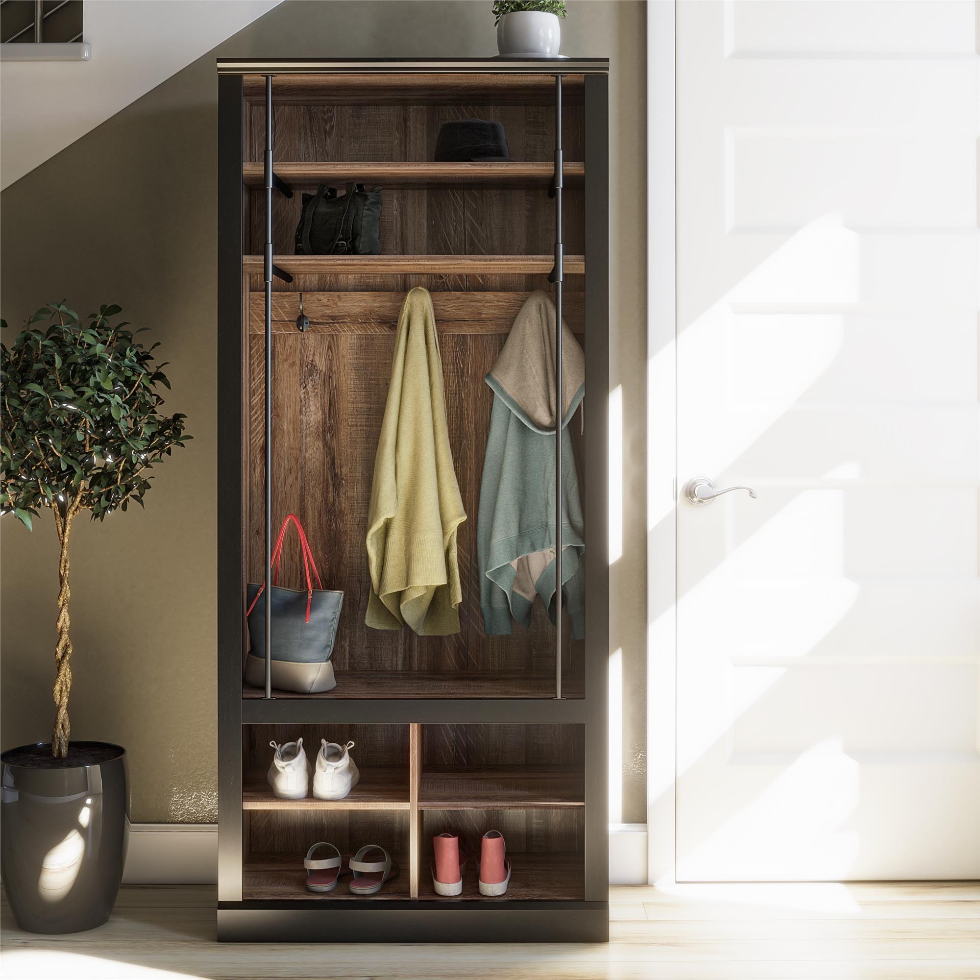 Ameriwood Home Hoffman Entryway Hall Tree with Bench and Storage Cubbies, Black and Walnut