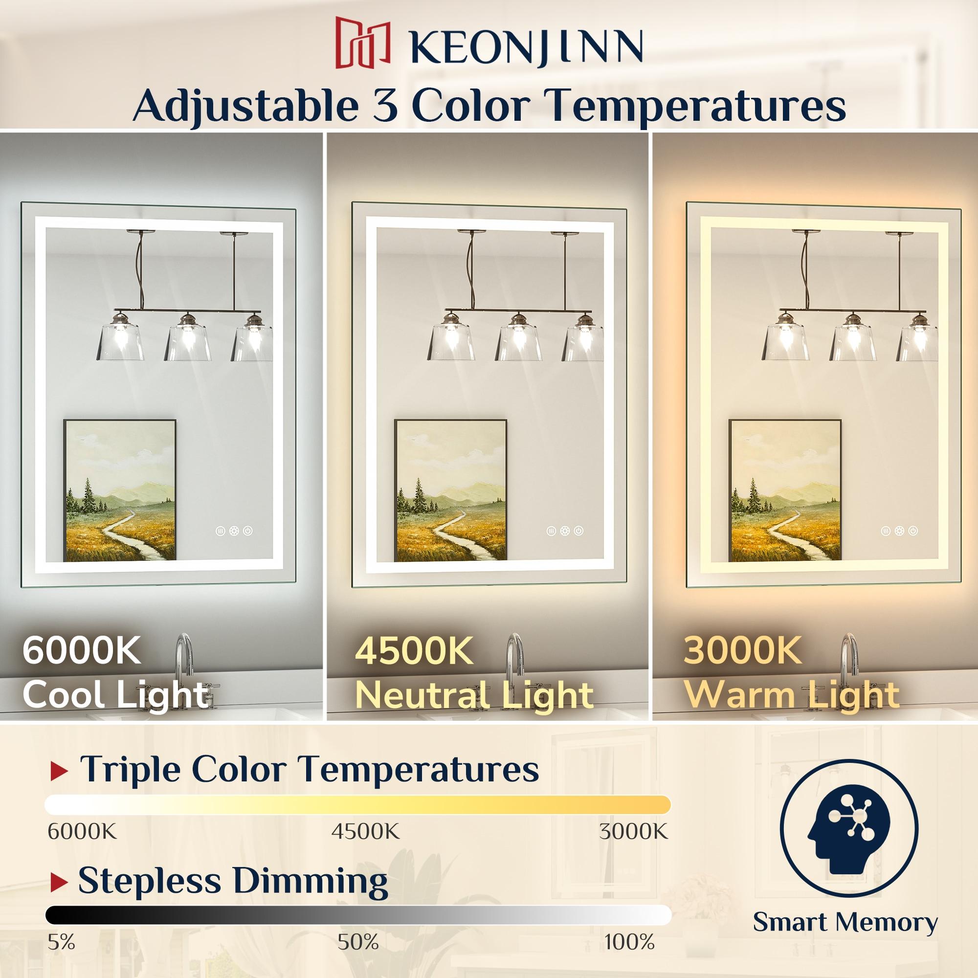 Keonjinn LED Bathroom Vanity Mirror, Front Light & Backlit, 3 Color Temperatures, Anti Fog, Double Lights Strips, 24"x32"