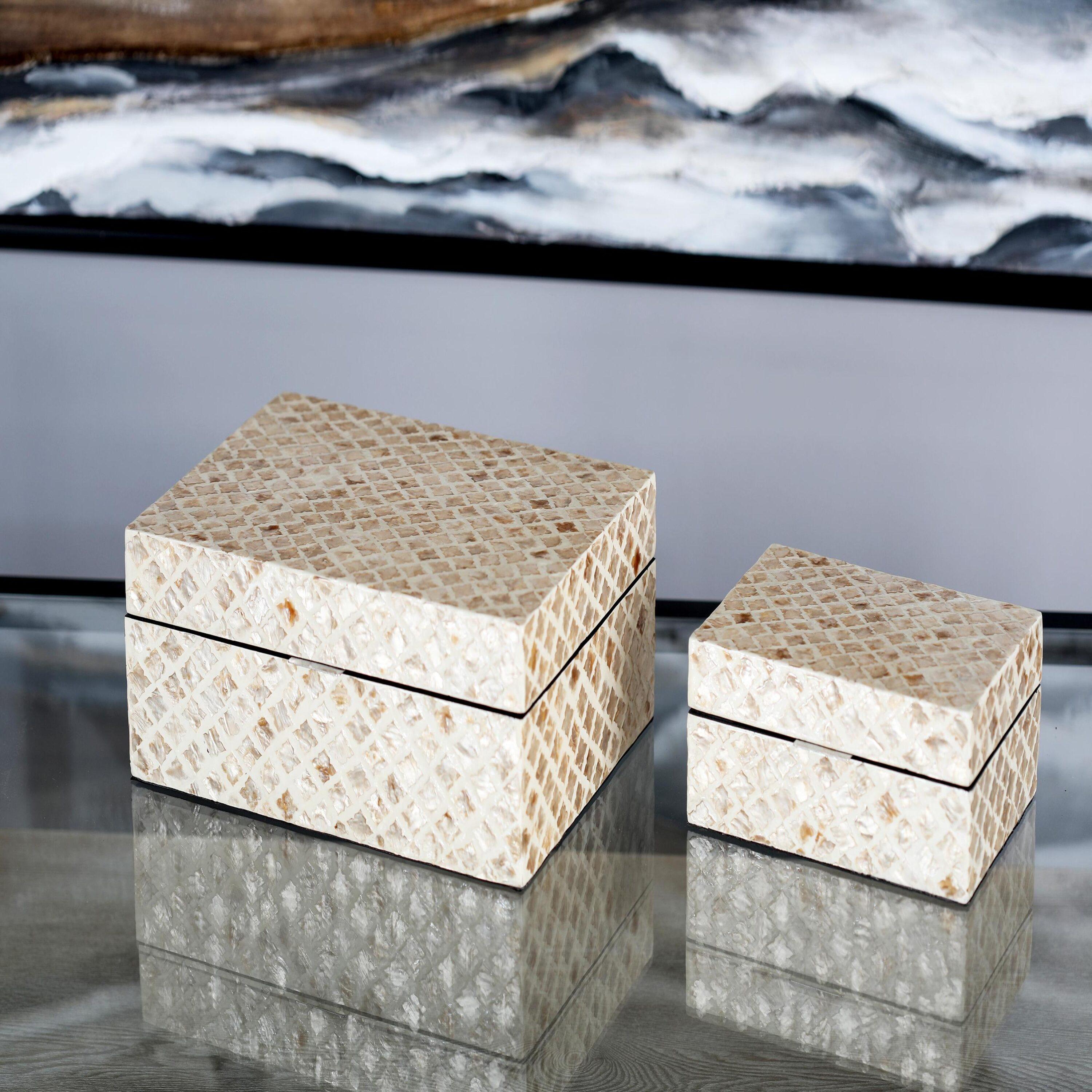 Set of 2 Shell Inlaid Wooden Boxes Natural - Olivia & May: Coastal Style Storage with Felt Stoppers