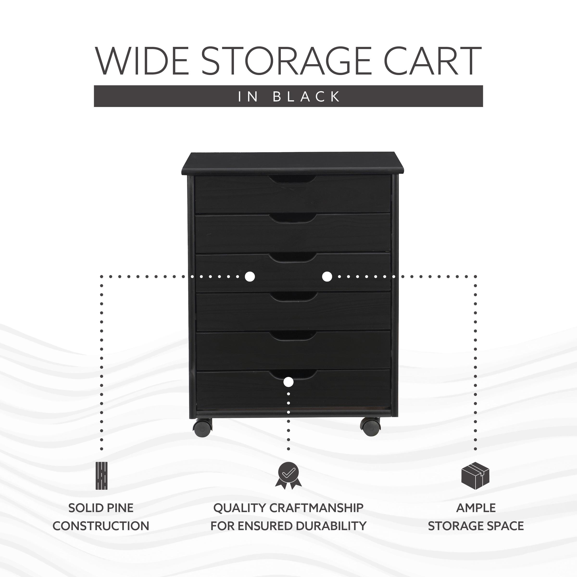 Cary Transitional 6 Drawer Solid Wood Contoured Handle Cut Out Wide Roll Cart Black - Linon: Pine Frame, Farmhouse Style, Portable Storage