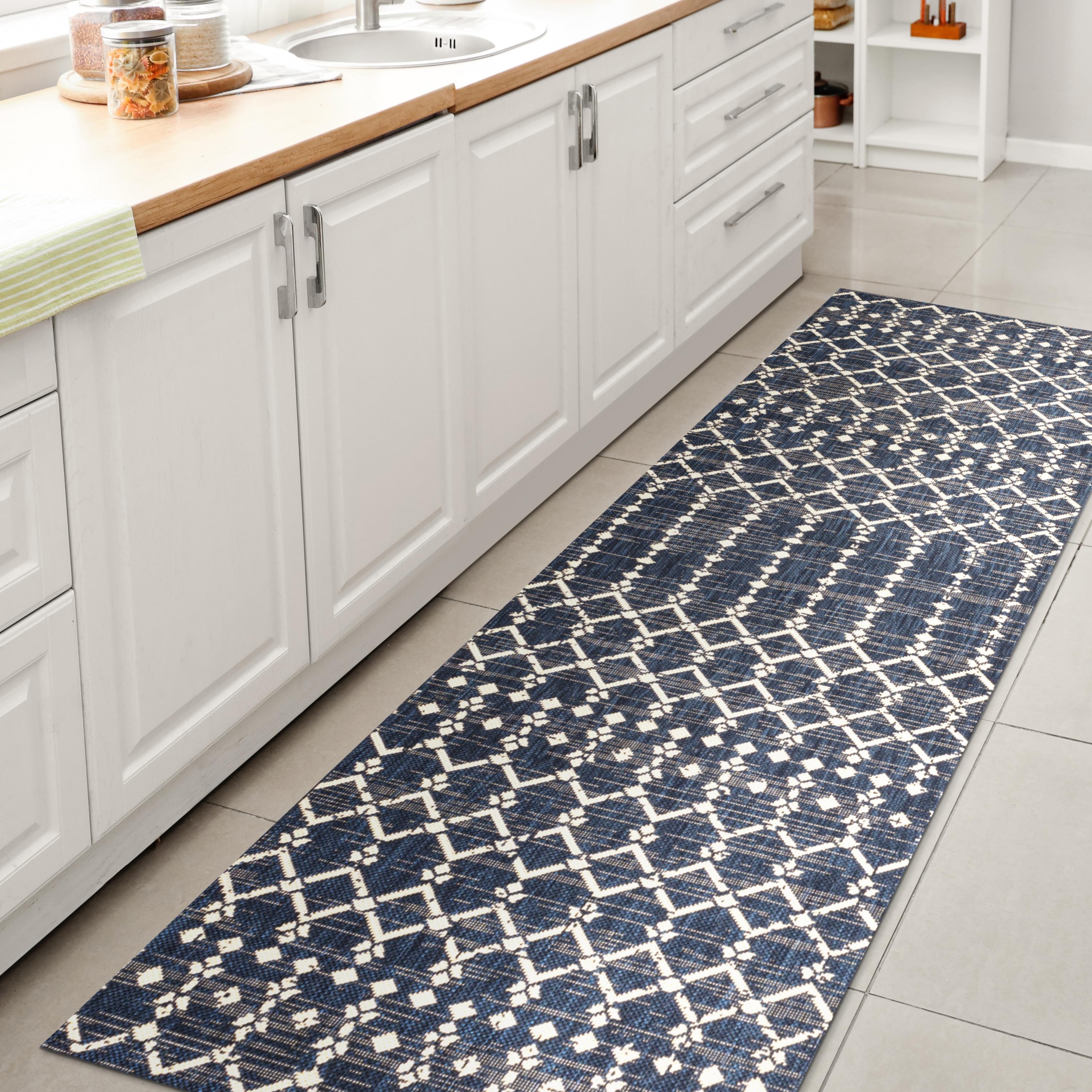 2' x 10' Ourika Moroccan Geometric Textured Weave Indoor/Outdoor Runner Rug, Navy/Beige - JONATHAN Y