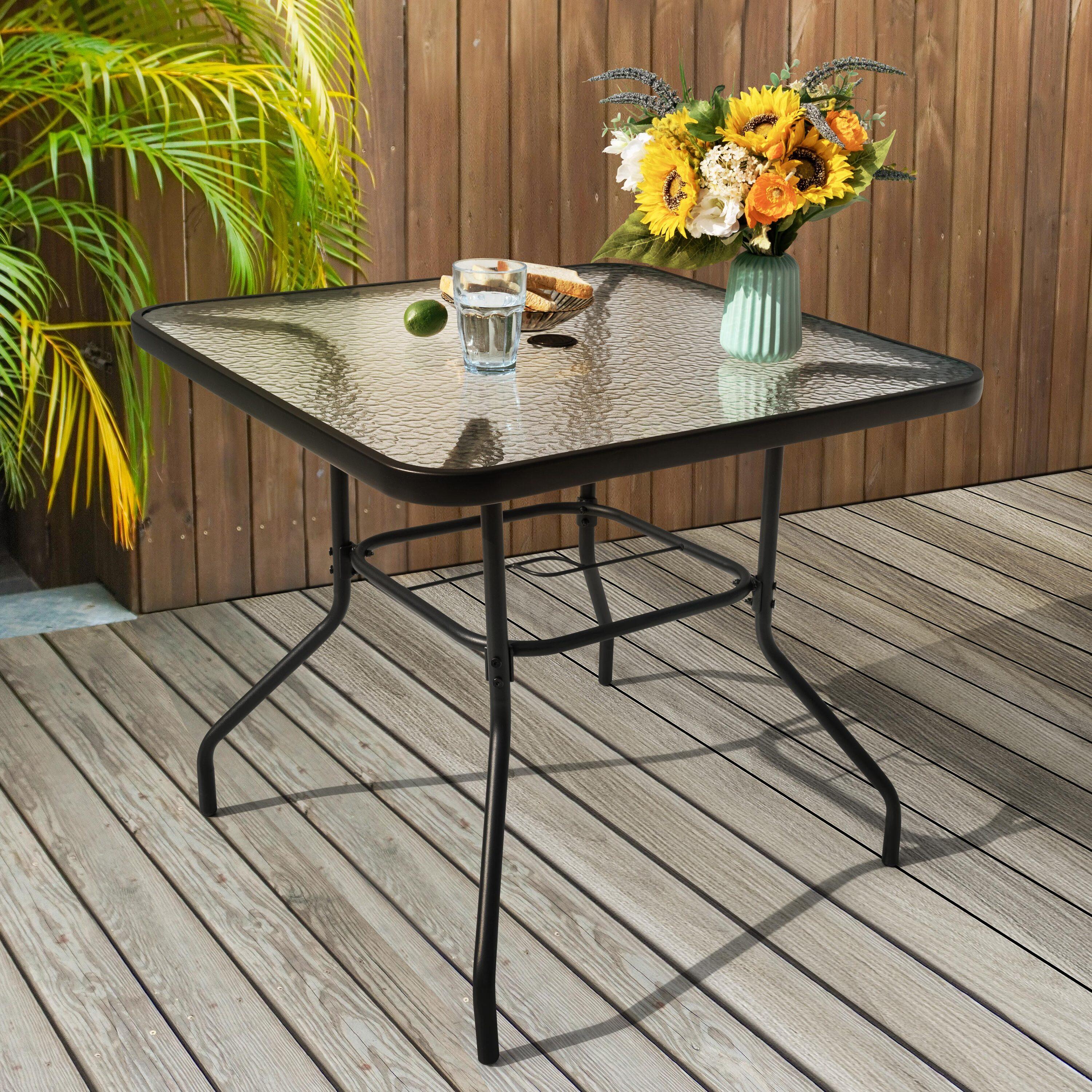 Square Outdoor Table, Patio Table with Umbrella Hole, Patio Dining Table with Tempered Glass, Outdoor Dining Tables, Square Patio Table for Balcony, Backyard, Poolside, Sunroom, Patio Tables, Black