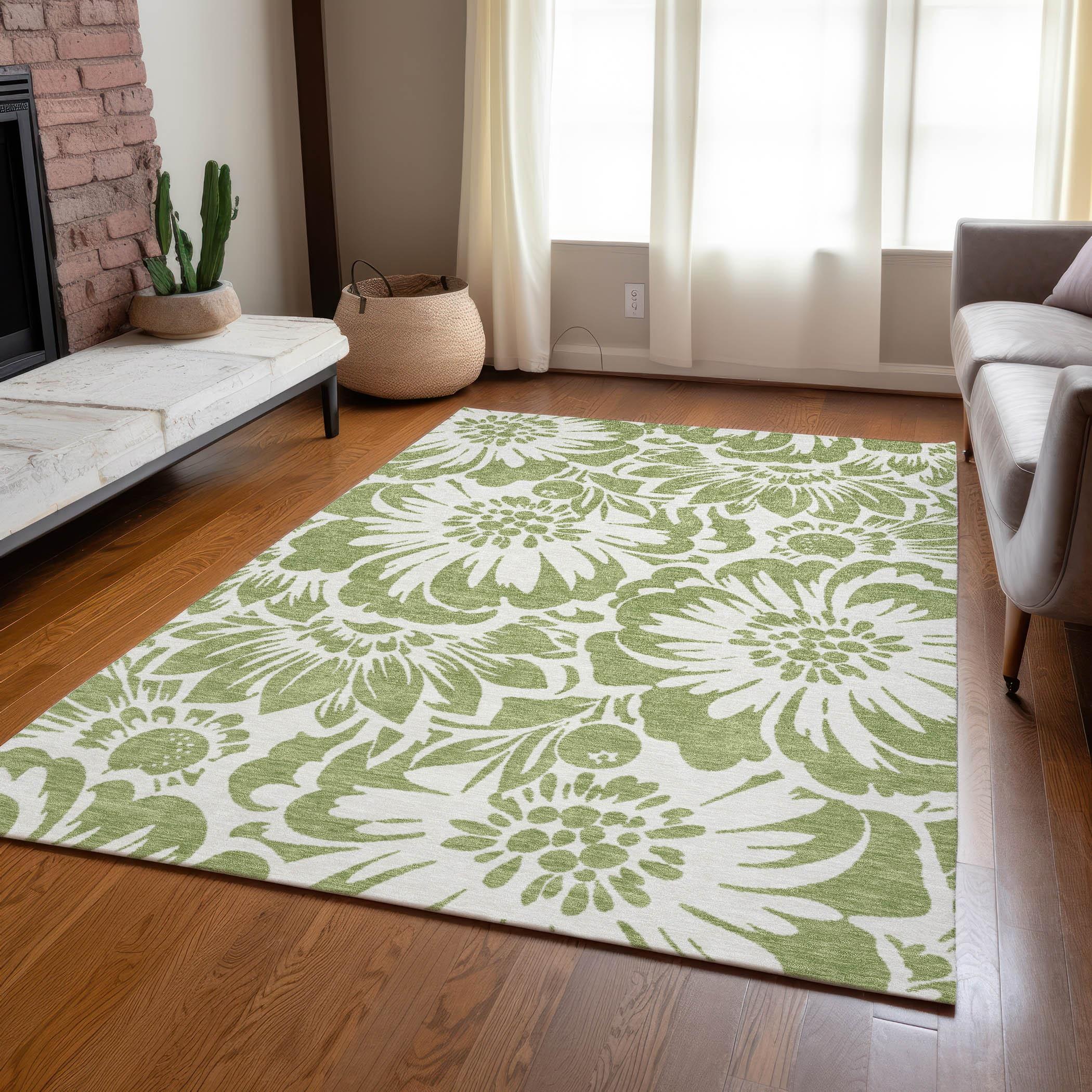 Aloe Green Floral Synthetic Washable 3' x 5' Area Rug