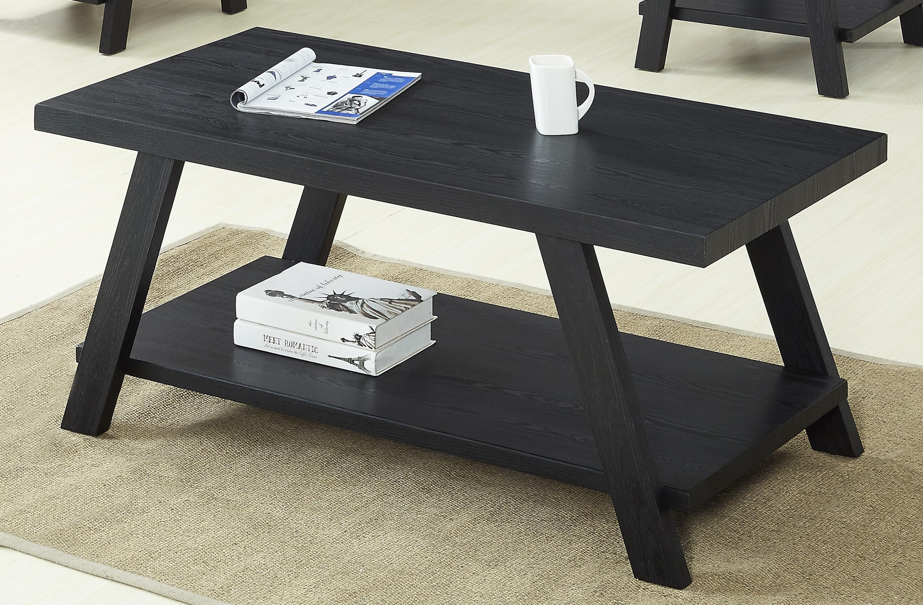 Roundhill Furniture Athens Contemporary Replicated Wood Shelf Coffee Set Table in Black Finish