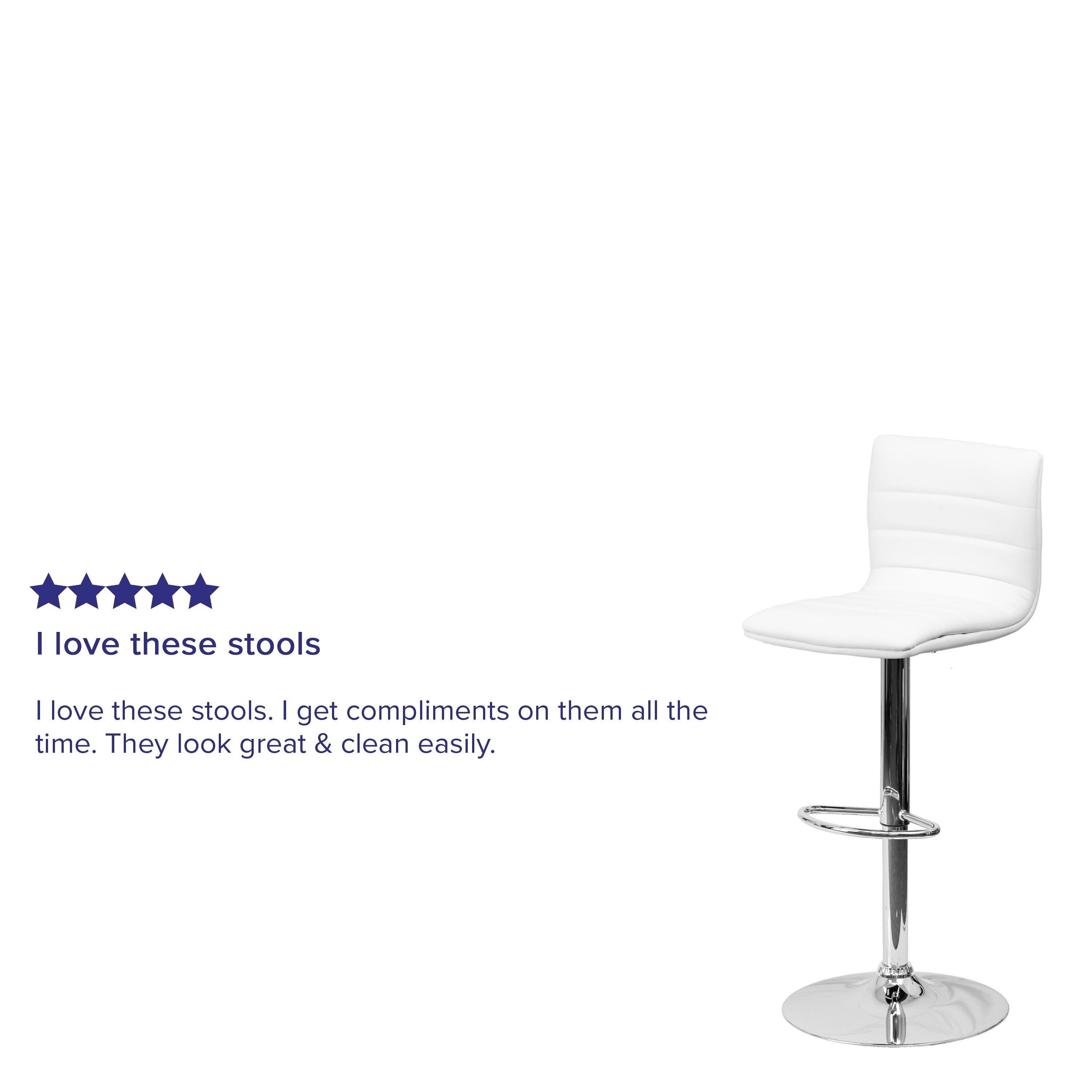 Flash Furniture Modern White Vinyl Adjustable Bar Stool with Back, Counter Height Swivel Stool with Chrome Pedestal Base