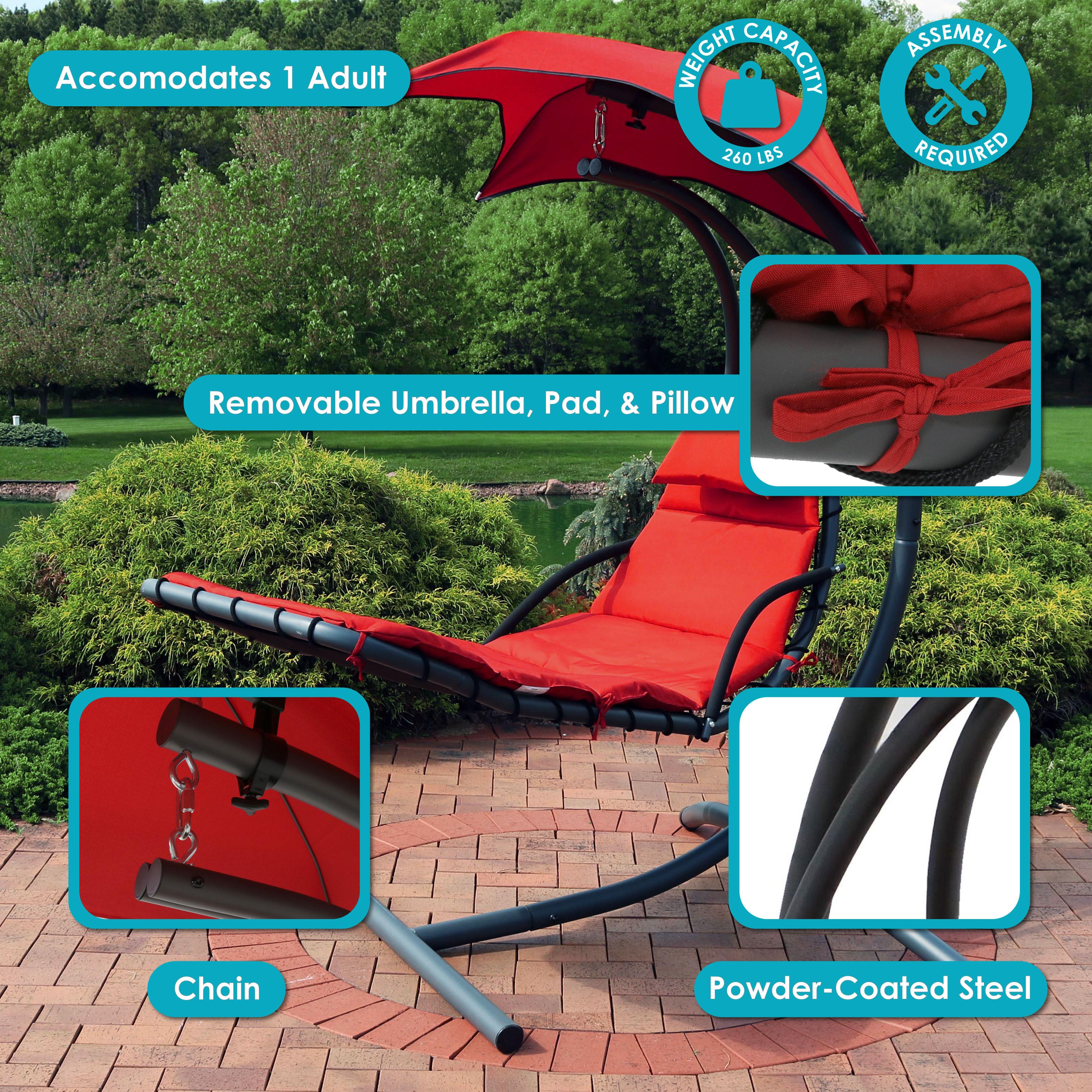 Sunnydaze Outdoor Hanging Chaise Floating Lounge Chair with Canopy Umbrella and Arc Stand, Burnt Orange