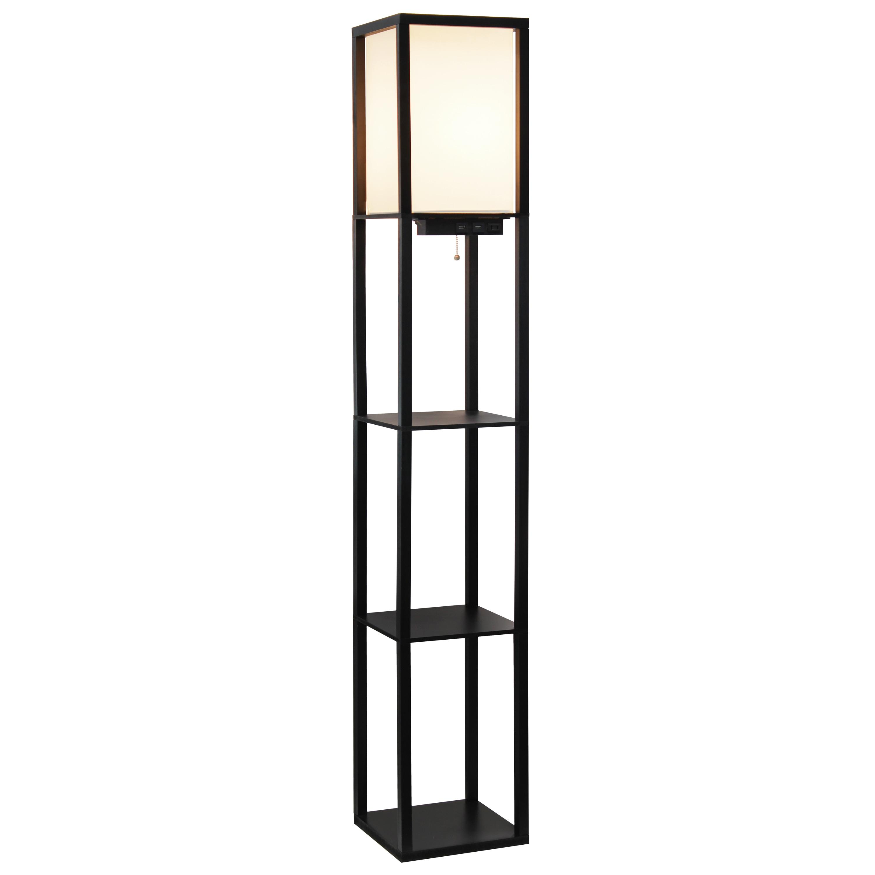 Floor Lamp Etagere Organizer Storage Shelf with 2 USB Charging Ports and Linen Shade - Simple Designs