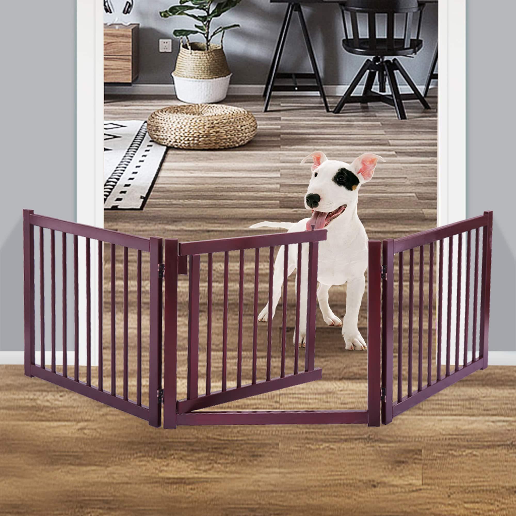 Demi Bonn 24"H 3 Panel Freestanding Pet Gate Wood Folding Dog Fence for Doorways, Stairs Step Over Divider for Dogs and Puppies, Brown