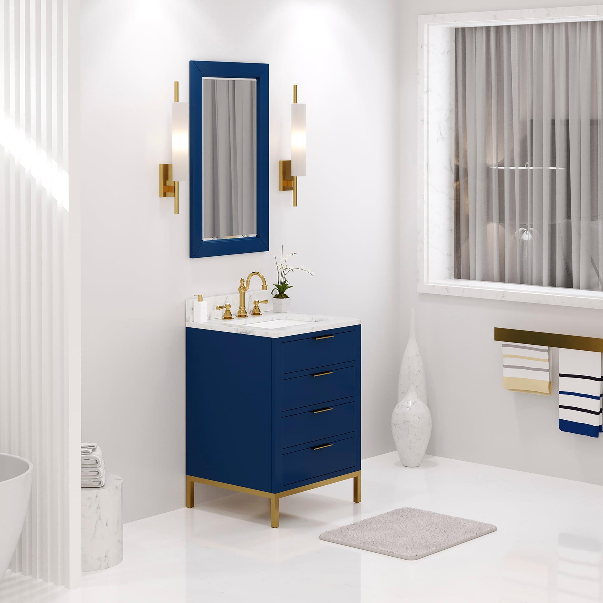 Bristol 24" Monarch Blue Vanity with Carrara Marble Top and Satin Gold Faucet