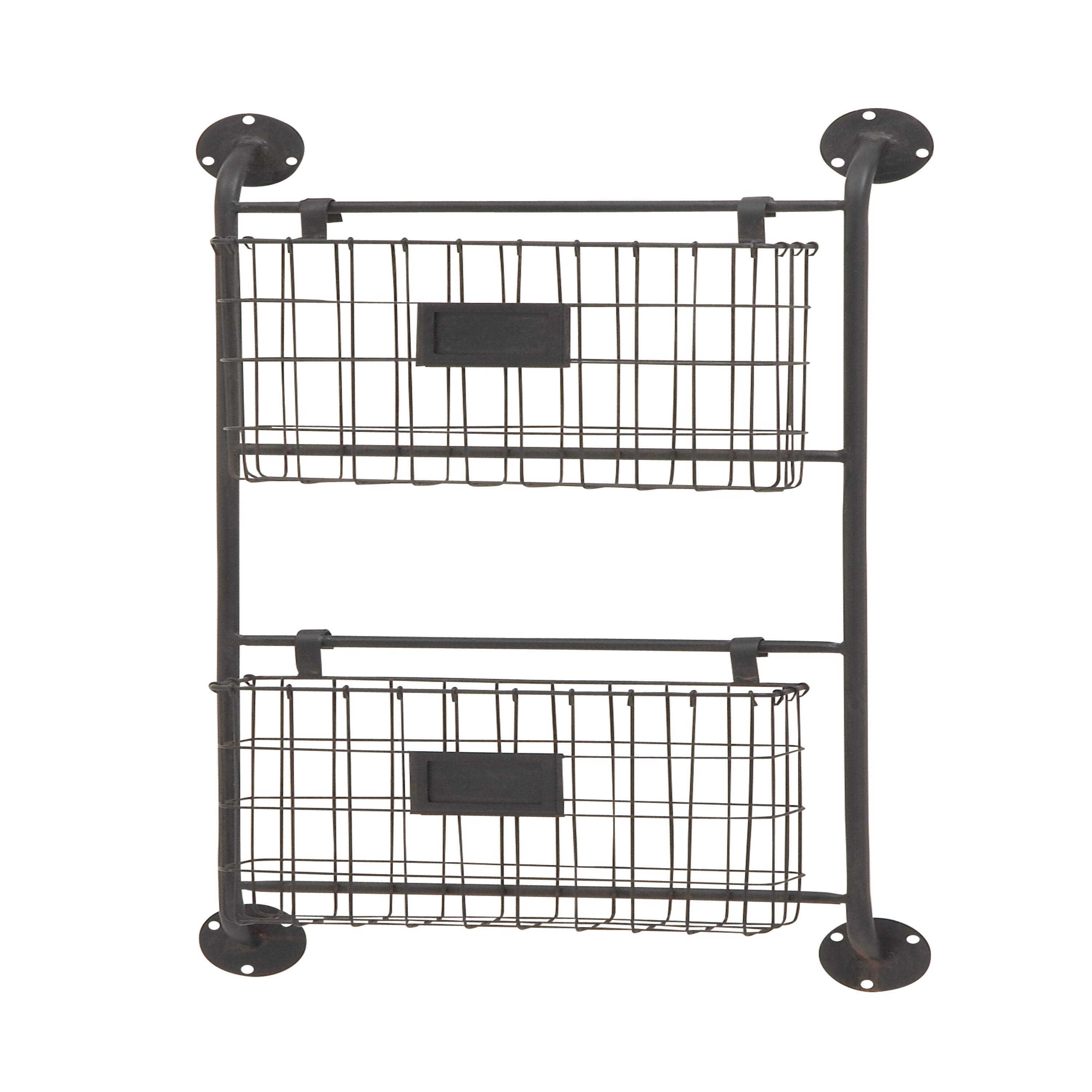 DecMode 28" Black Metal 2 Slots Suspended Wire Basket Magazine Rack Holder with Suspended Baskets and Label Slot