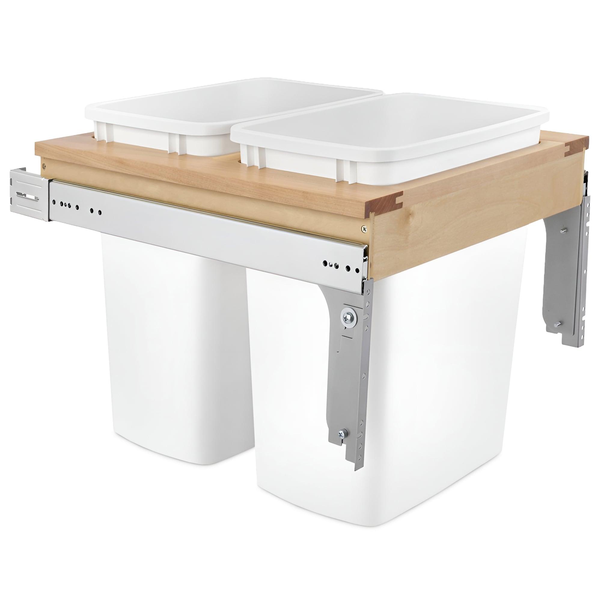 Rev-A-Shelf Double Pullout Trash Can for Base Kitchen/ Bathroom Cabinets, 35 Qt Wood Top Mount Garbage Bin, 18" x 1.5" Face-Frame, White, 4WCTM-21DM2