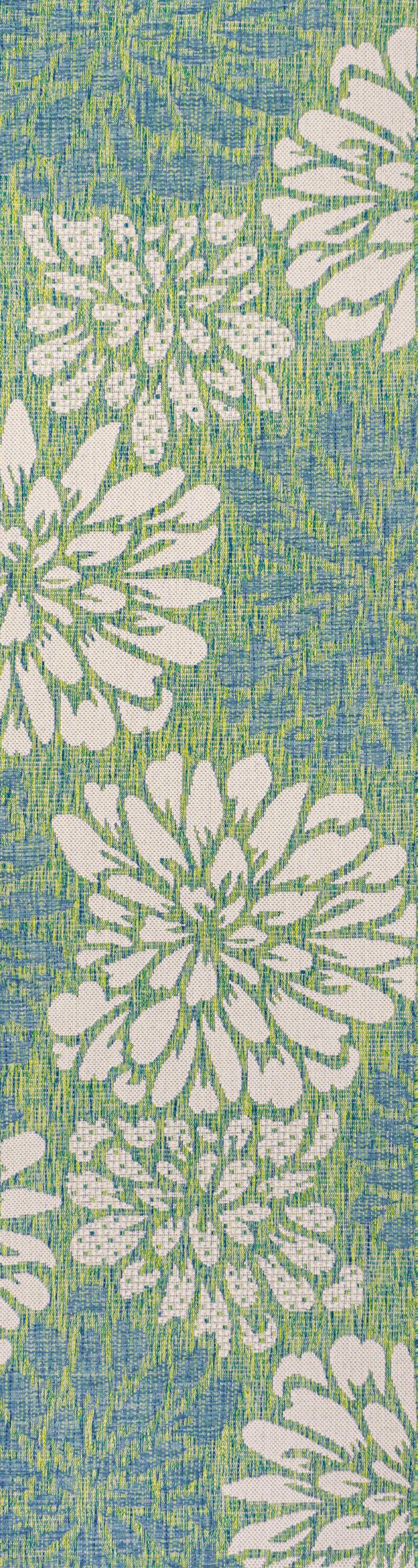 2' x 10' Zinnia Modern Floral Textured Weave Indoor/Outdoor Runner Rug, Cream/Green - JONATHAN Y