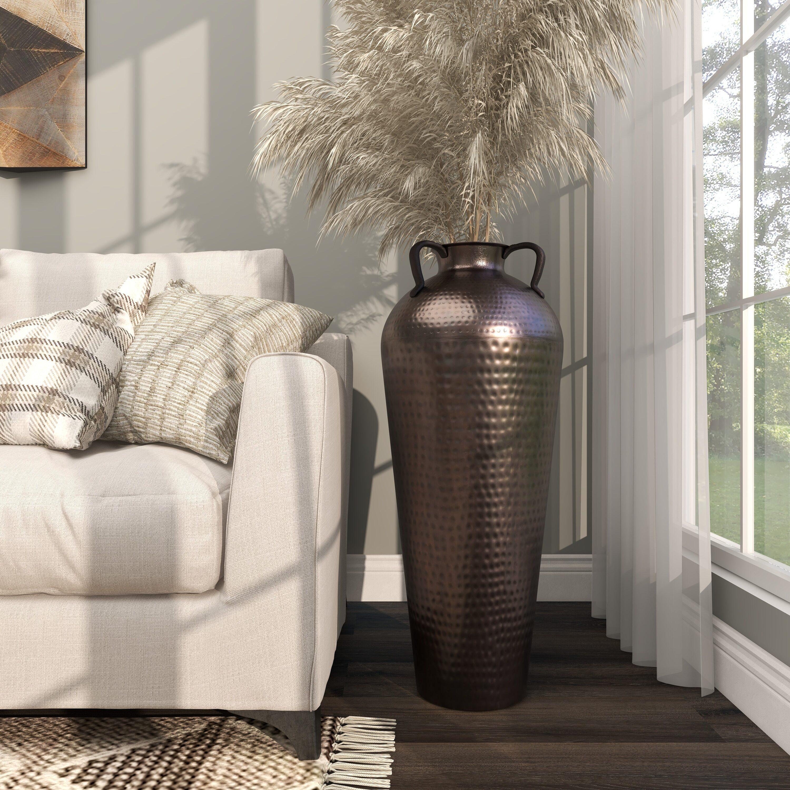 DecMode 32" Tall Floor Mediterranean Style Brown Metal Vase with Hammered Details and Handles