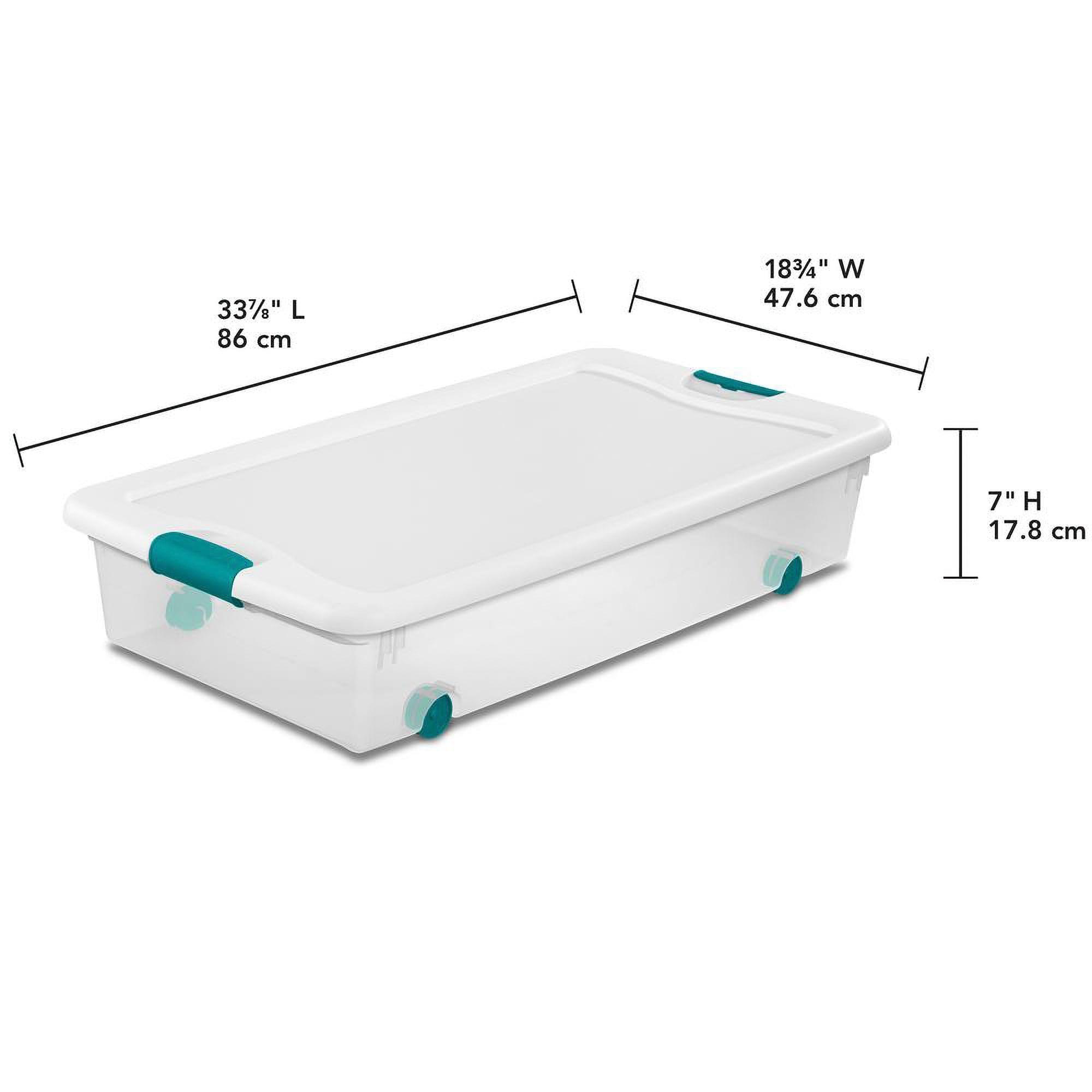Sterilite 56 Qt Wheeled Latching Storage Box Stackable Bin with Latch Lid, Plastic Container to Organize Shoes Under Bed, Clear with White Lid, 8-Pack