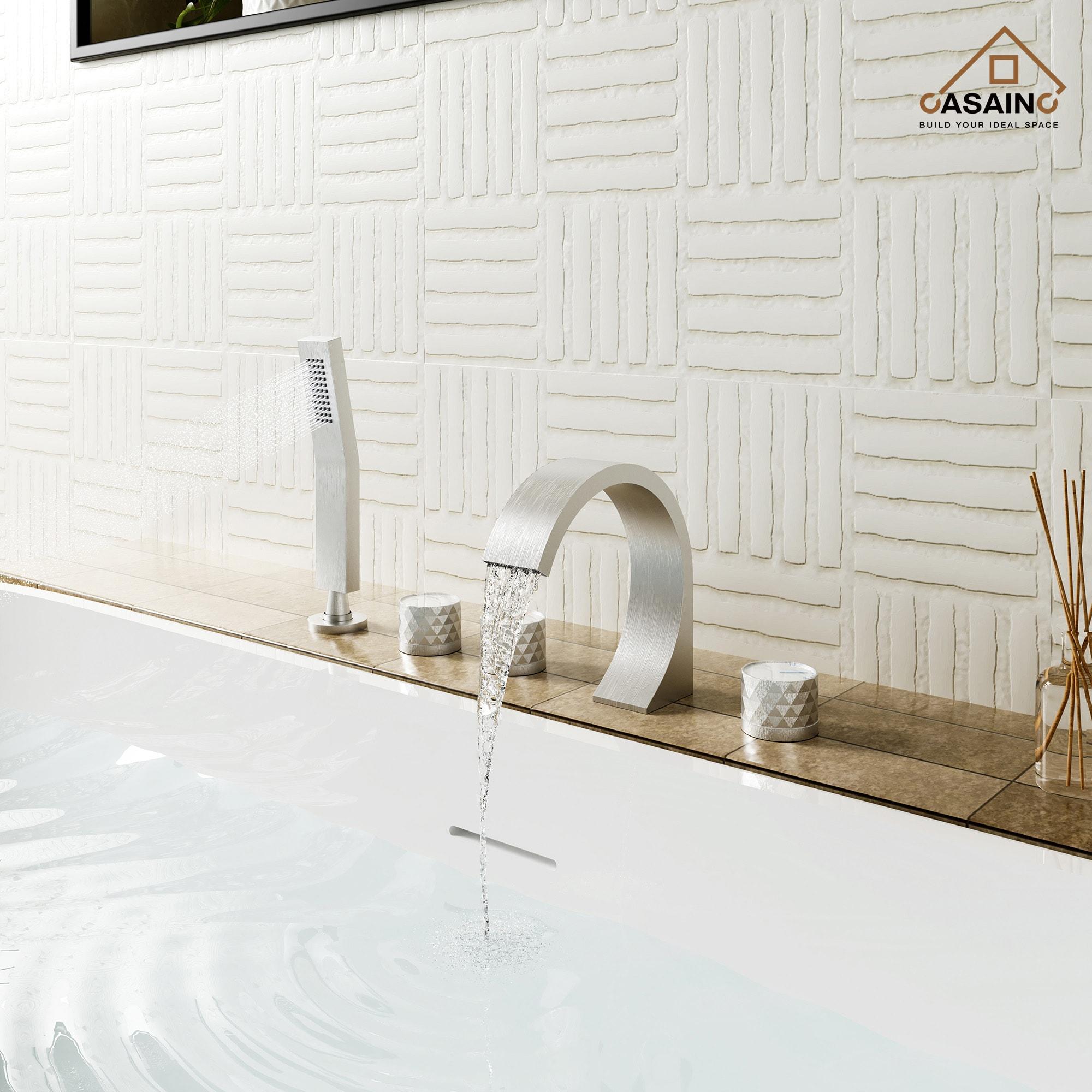 3 Handles Deck Mounted Bathroom Tub Faucet Trim with Handshower