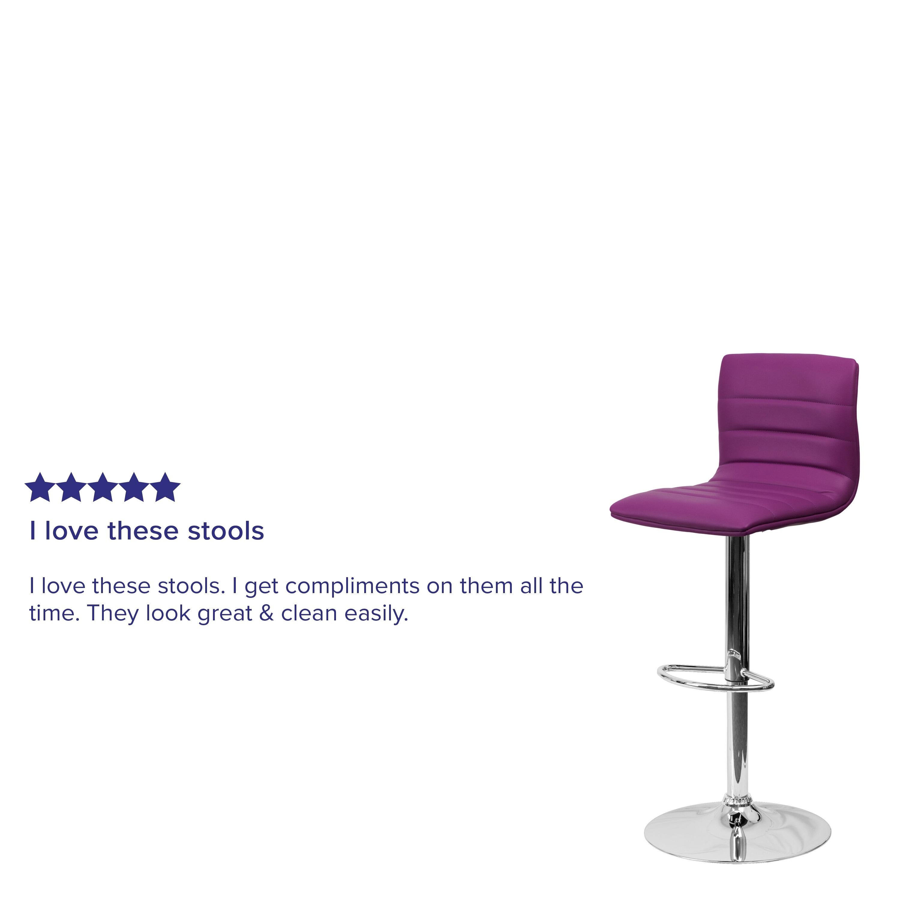 Flash Furniture Modern Purple Vinyl Adjustable Bar Stool with Back, Counter Height Swivel Stool with Chrome Pedestal Base