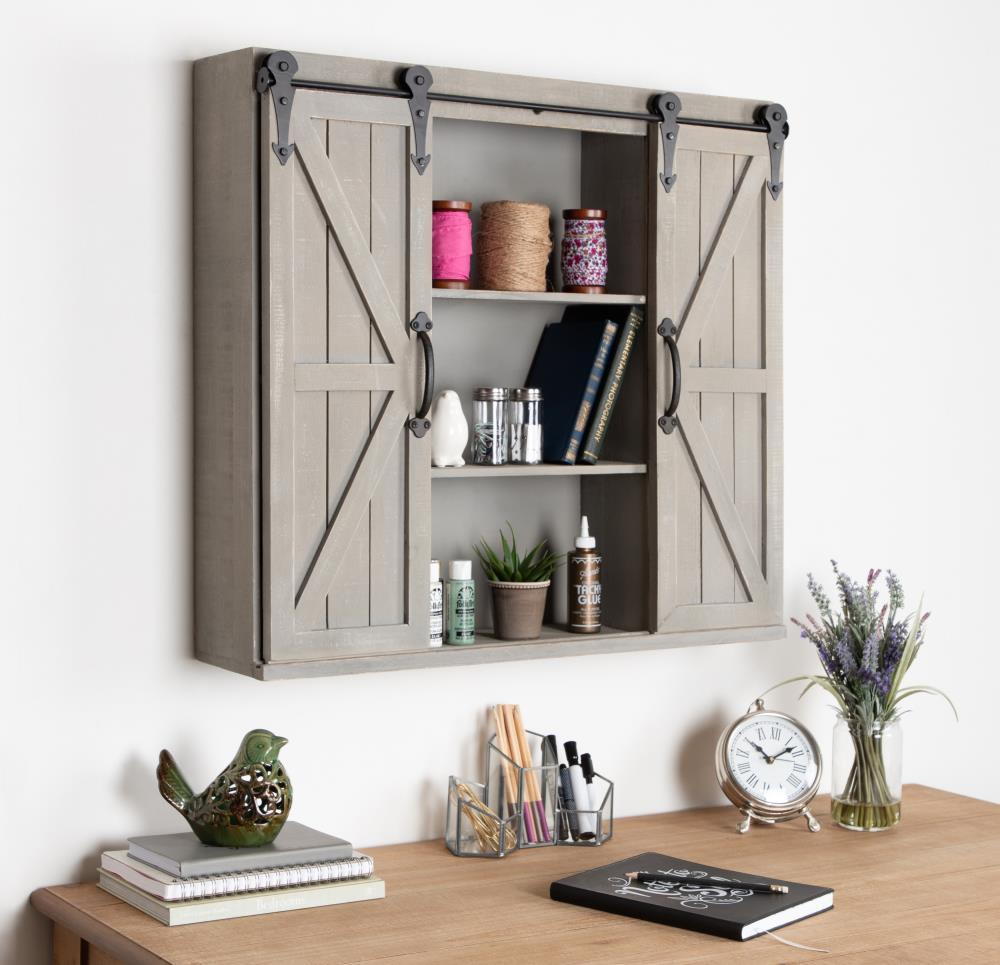 Kate and Laurel Cates Wood Wall Storage Cabinet with Two Sliding Barn Doors, Rustic Gray