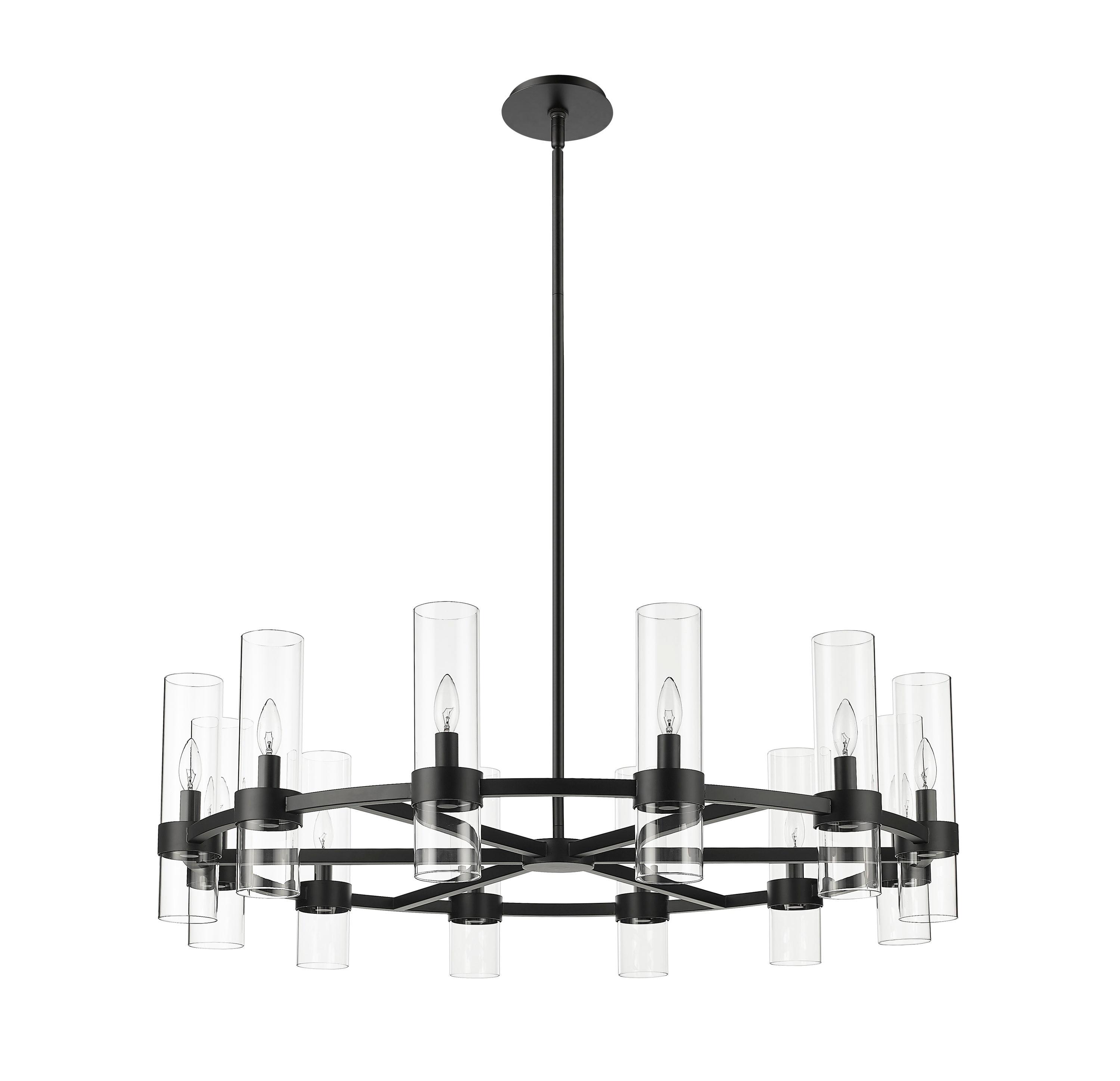 Datus Matte Black Iron Wagon Wheel Chandelier with Clear Glass Uplights