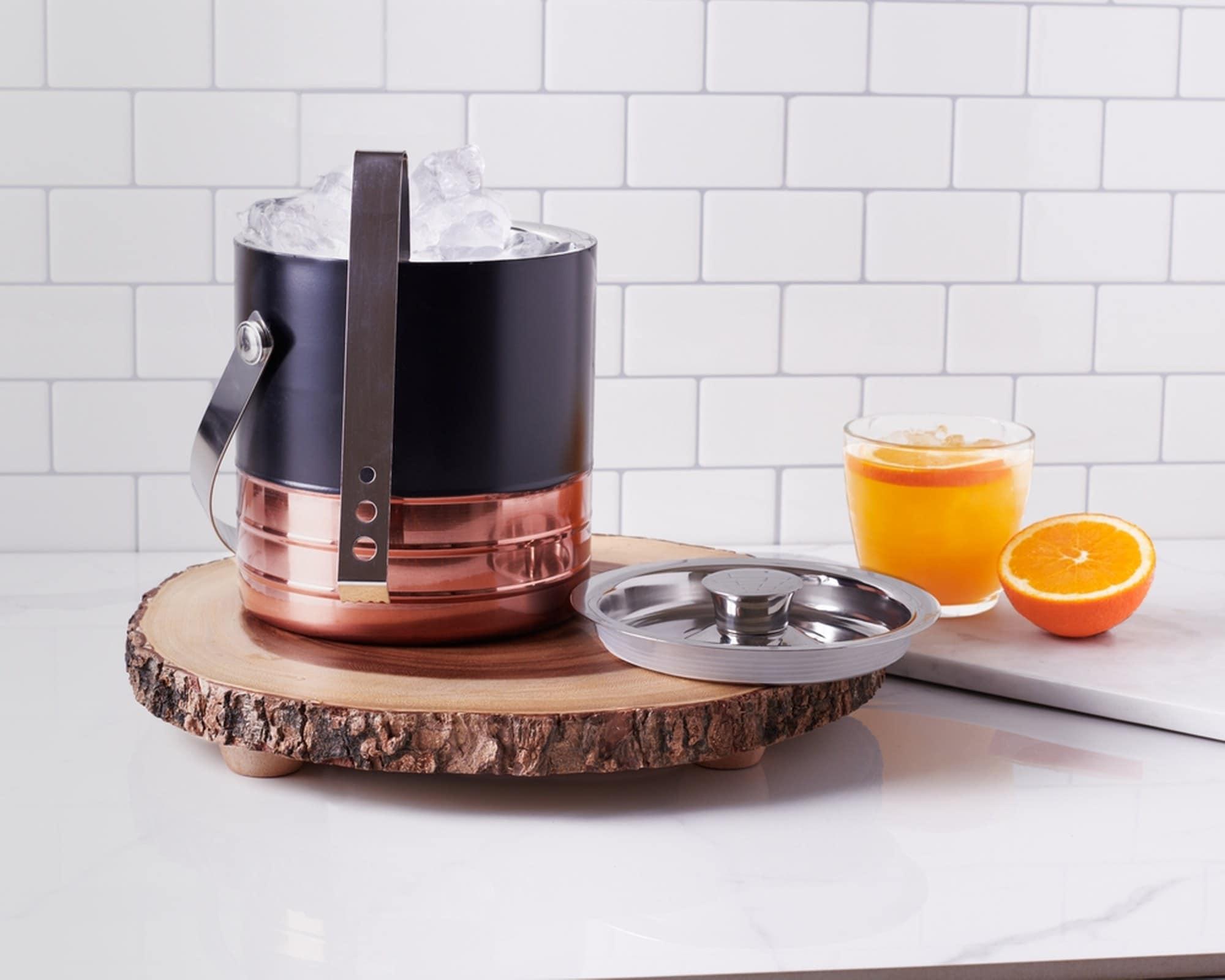 Sol Living  Ice Bucket Double Wall Stainless Steel with Lid and Tongs Copper and Black