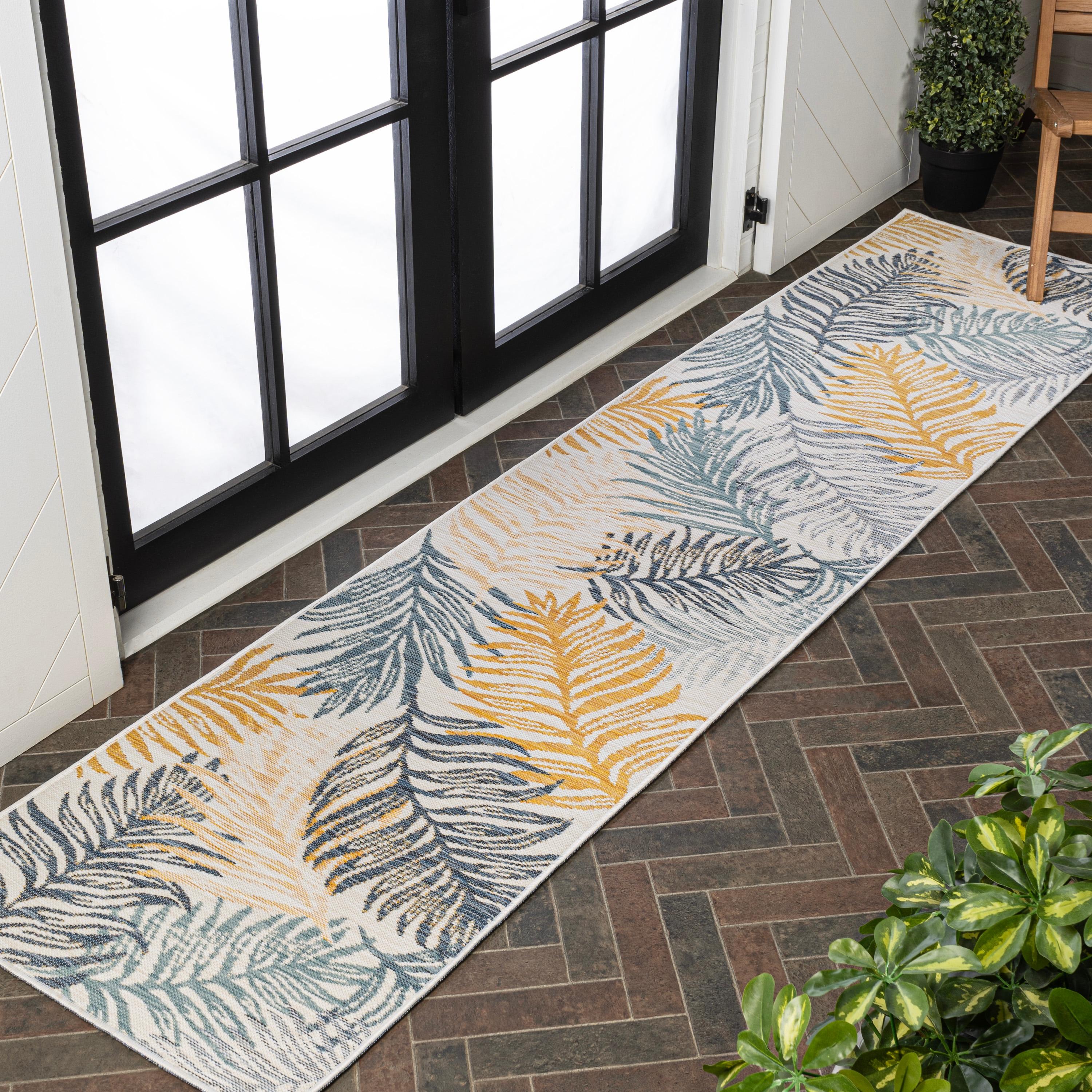 JONATHAN Y Calypso Coastal Casual Palm Frond Reversible Machine-Washable Cream/Navy 2 ft. x 8 ft. Indoor/Outdoor Runner Rug