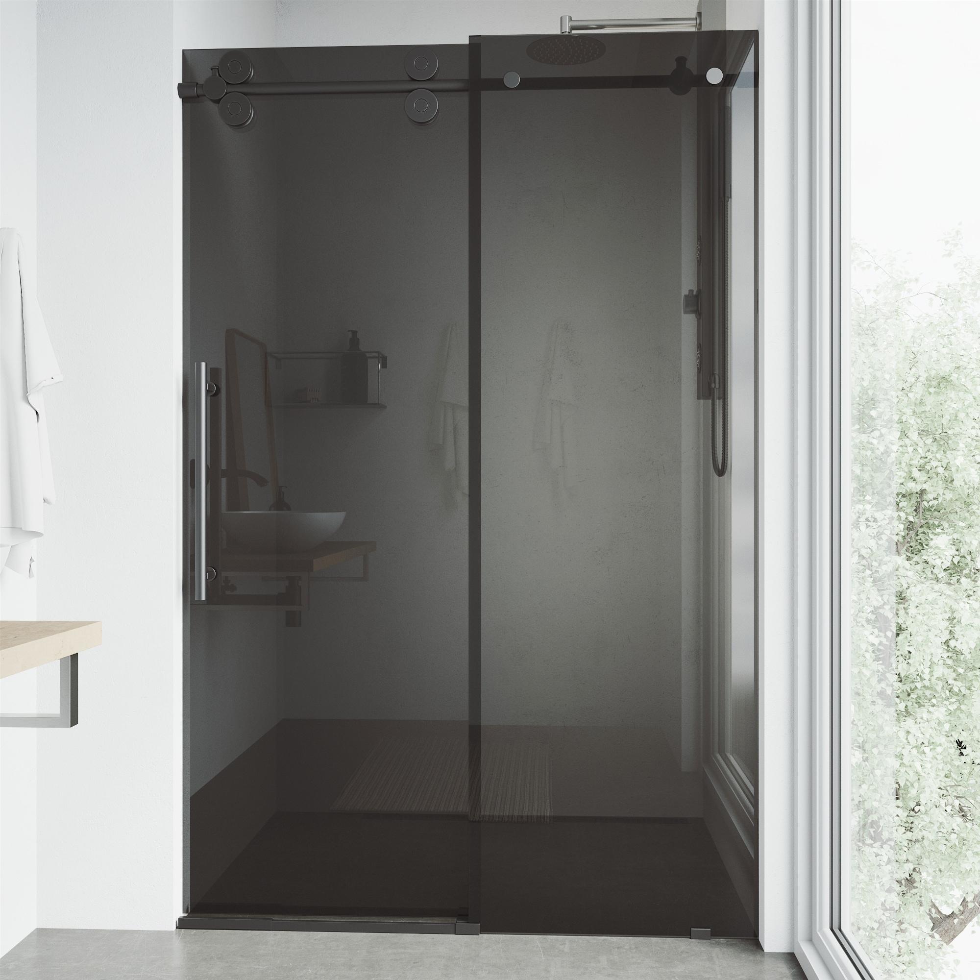VIGO Elan 56-60" W x 74" H Sliding Frameless Shower Door with 3/8" Tinted Glass VG6041MBBLK6074