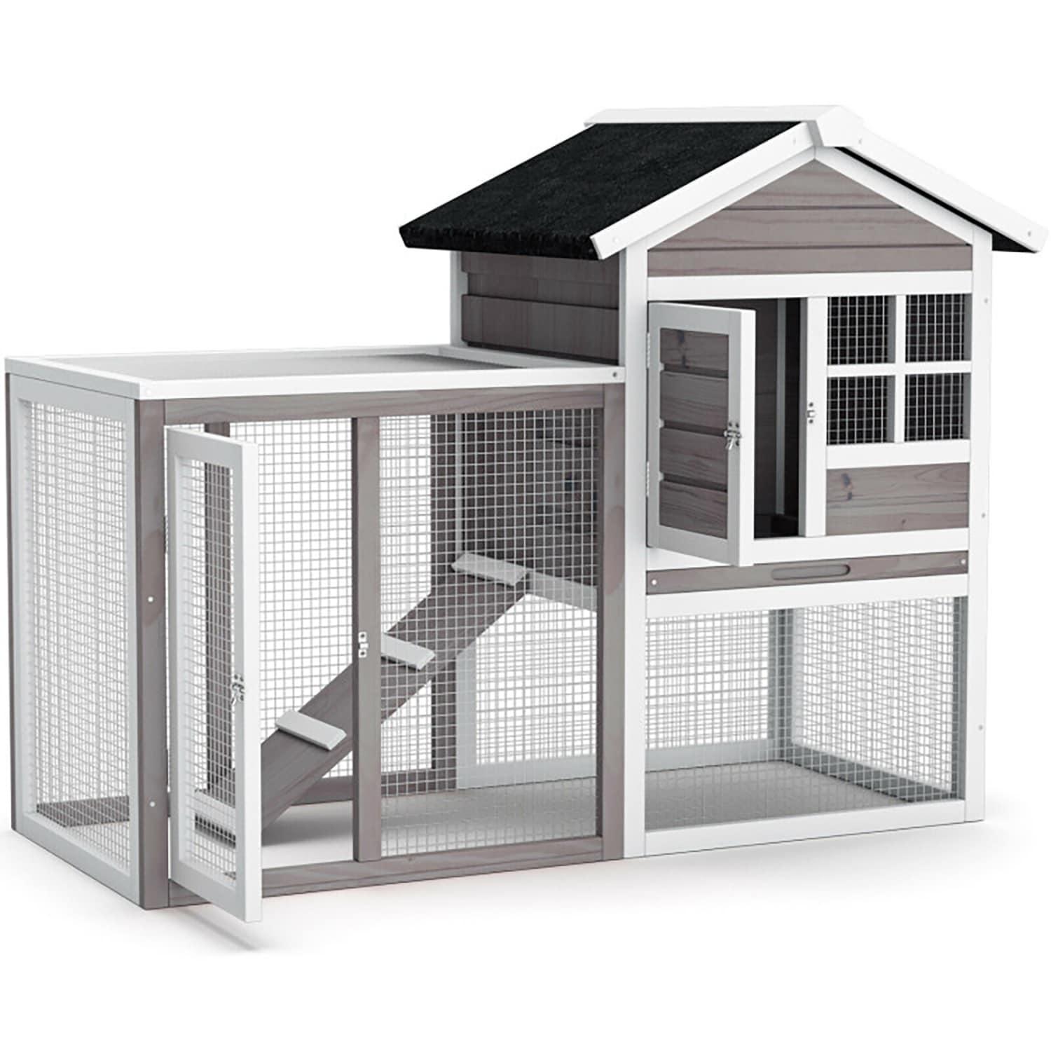 Infans Wooden Chicken Coop 2-Story Rabbit Hutch Indoor Outdoor Use
