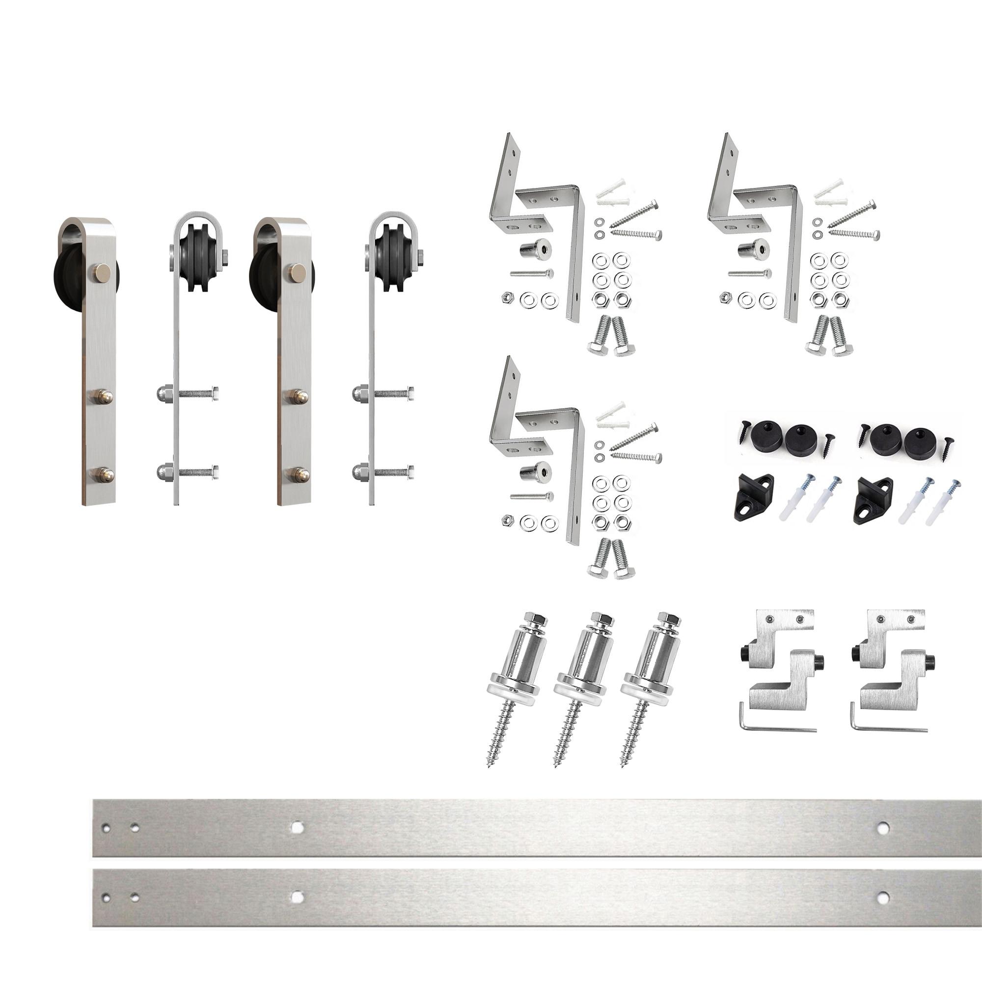 Homacer Brushed Nickel Double Track Z-Shape Bypass Sliding Barn Door Hardware Kit, for Two/Double Doors, 4ft Long Flat Track, Classic Design Roller, Heavy Duty, for Interior Use