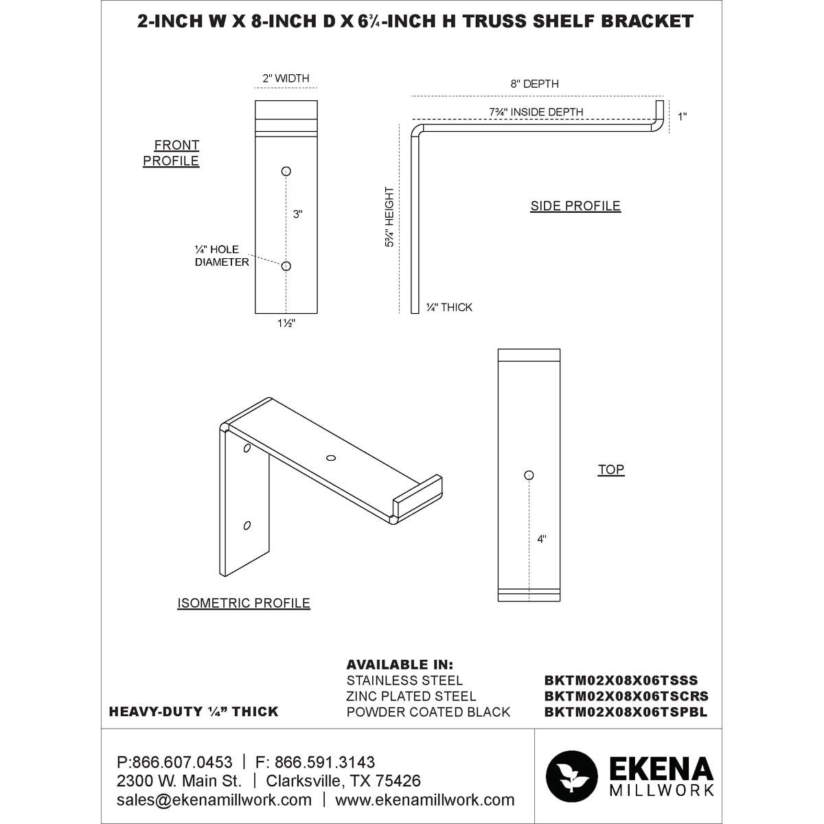 Ekena Millwork 2"W x 8"D x 6 3/4"H Steel Truss Shelf Bracket, Unfinished