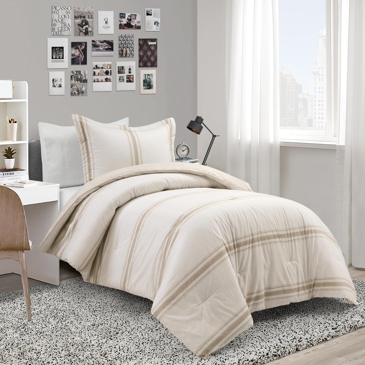 2pc Twin/Twin Extra Long Farmhouse Stripe Reversible Comforter & Sham Set Neutral - Lush Décor: Year-Round Plain Weave