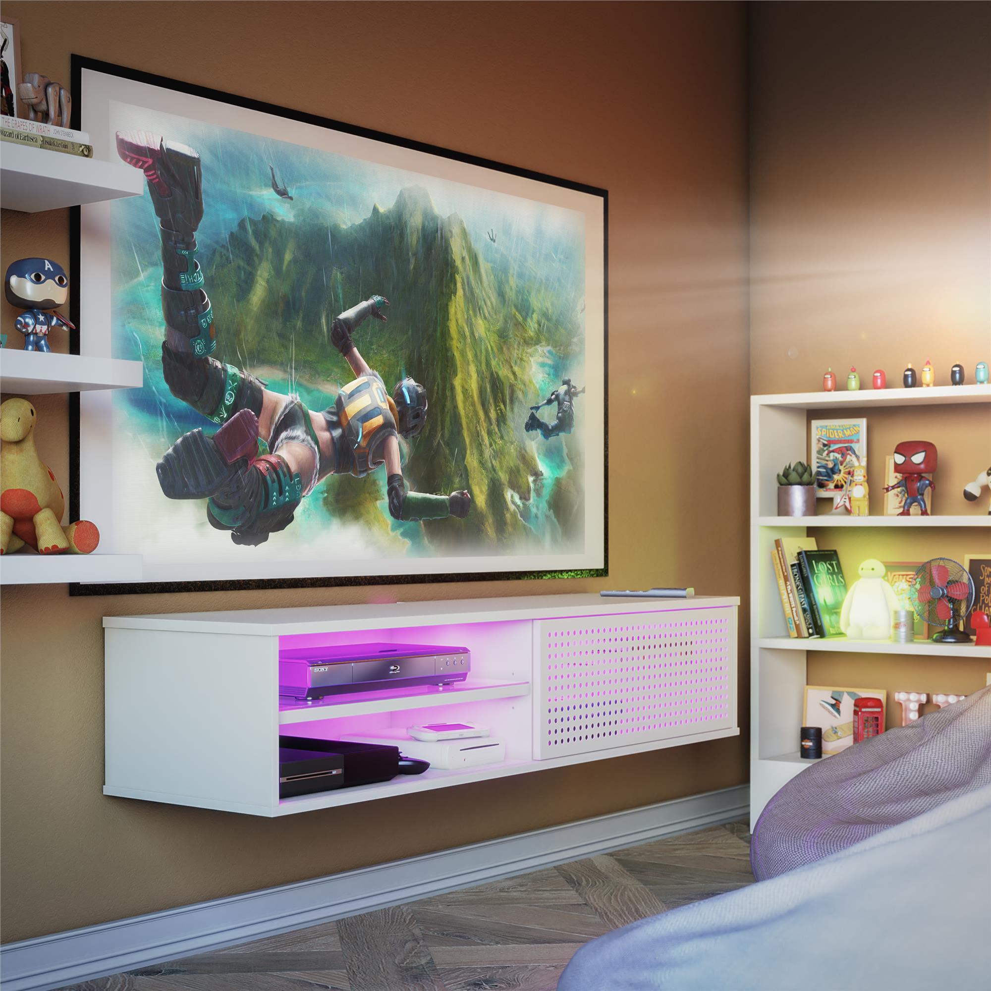 Glitch Floating TV Stand for TVs up to 60" White - NTENSE: Modern Media Console, MDF, 95 lbs Capacity