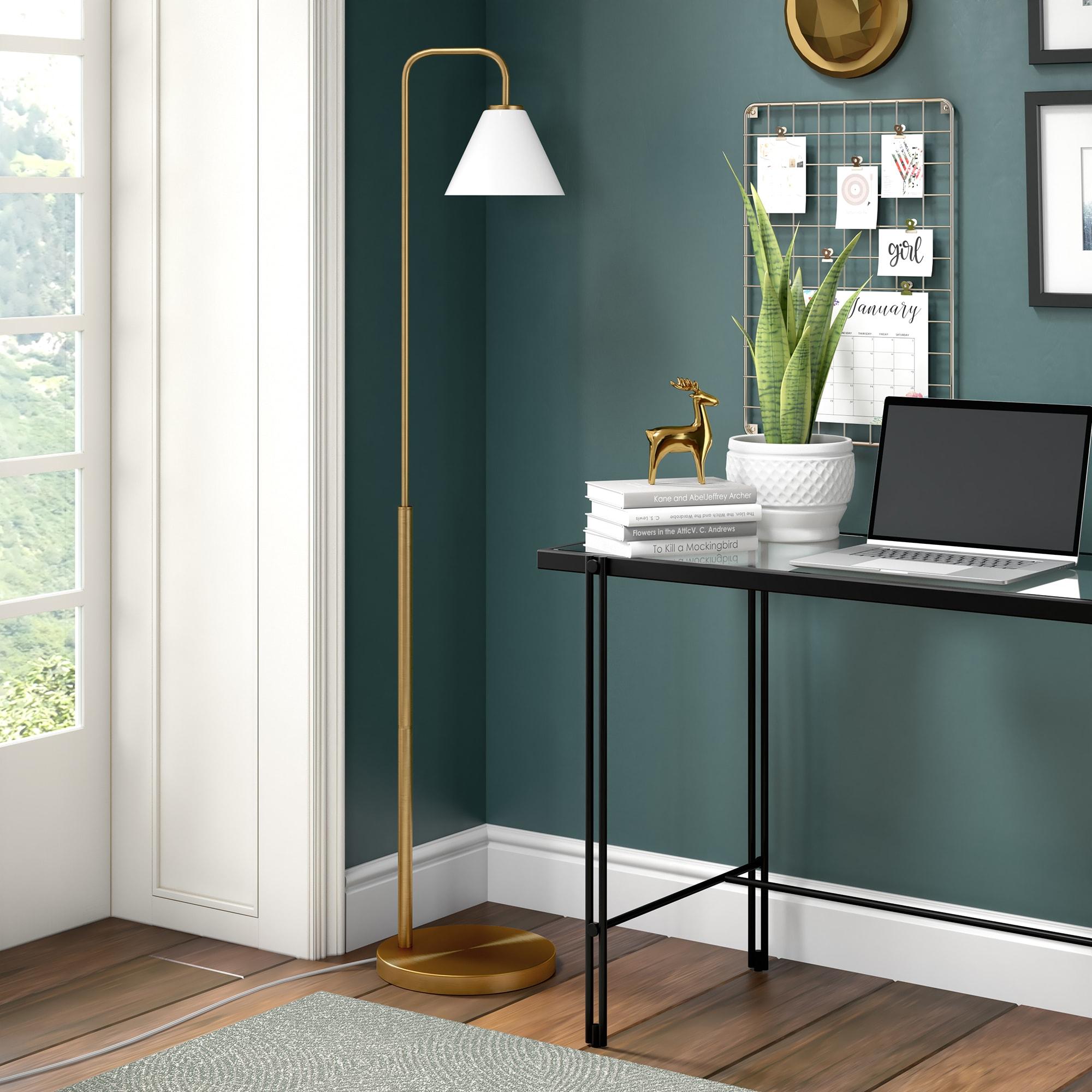 Evelyn&Zoe Henderson Arc Floor Lamp with Glass Shade, Brass/White Milk