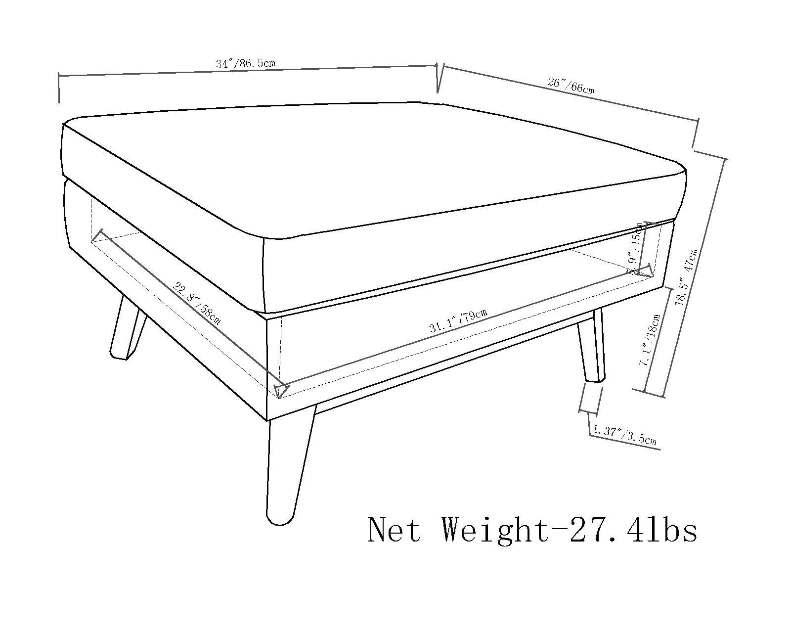 Simpli Home Owen 34"W Upholstered Coffee Table Storage Ottoman with Lift Top and Solid Wood Legs