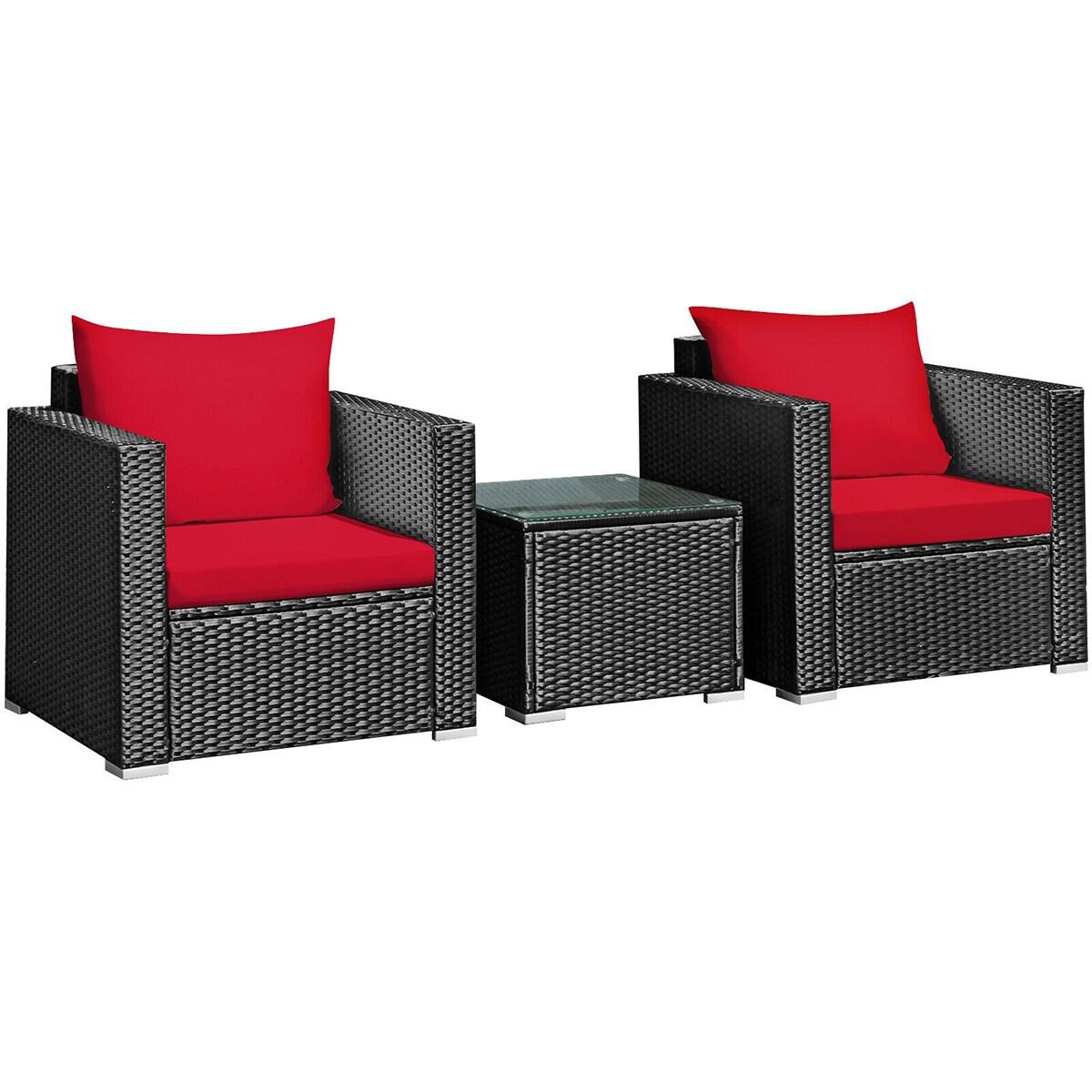 Costway 3PCS Patio Rattan Wicker Furniture Set Sofa Table W/Cushion Yard Red