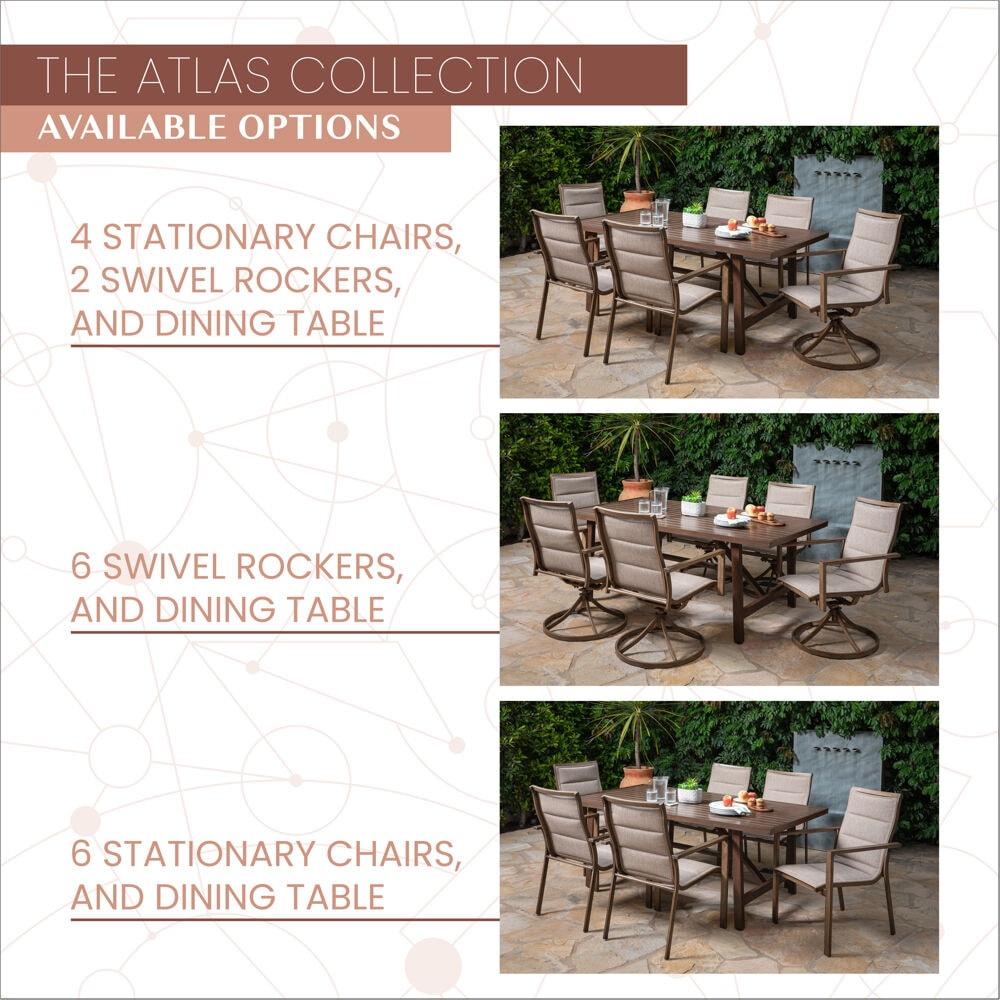 Mod Furniture Atlas 7-Piece Modern Outdoor Dining Set with 6 Padded Sling Chairs and Trestle Style Table, ATLASDN7PC-TAN