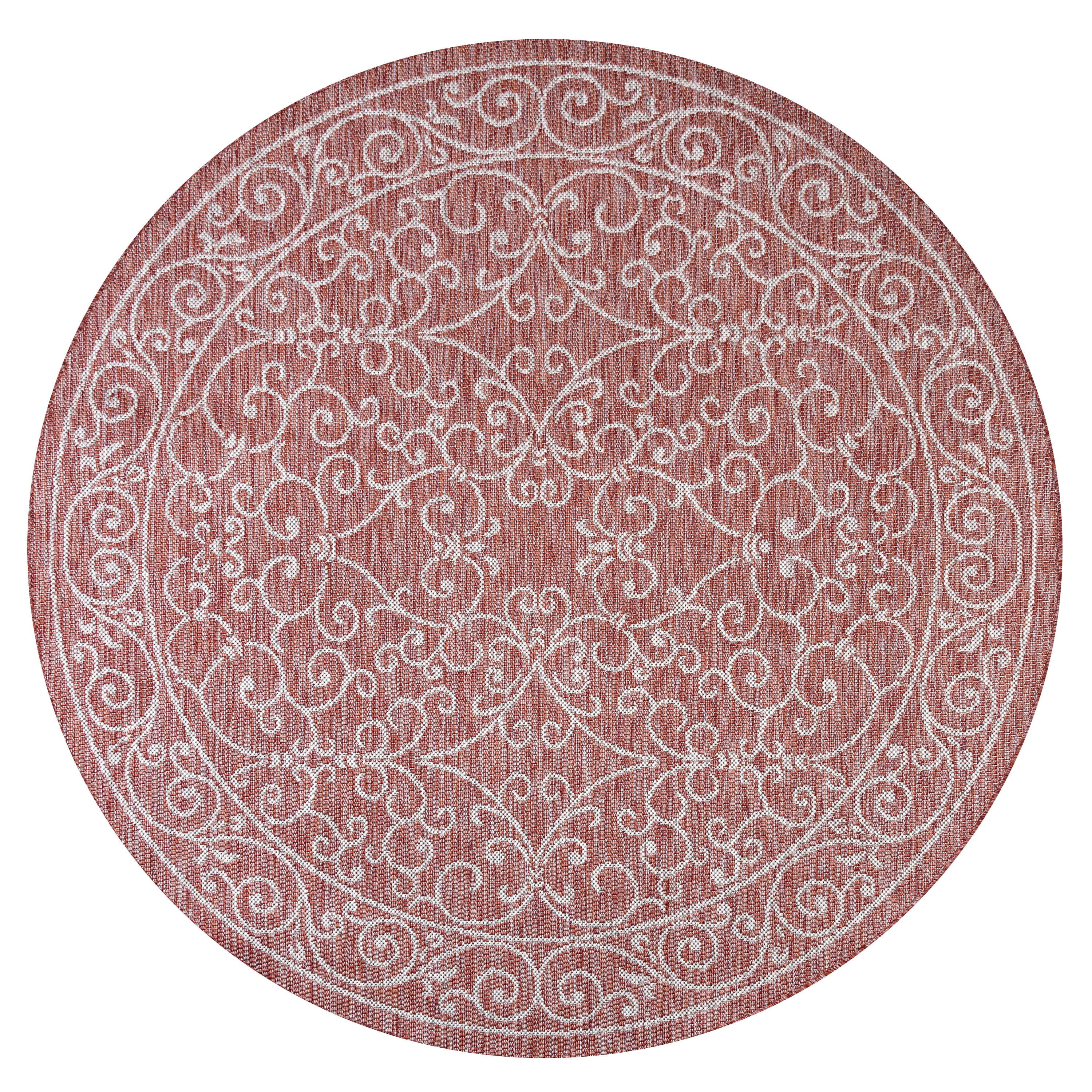 5' Round Charleston Vintage Filigree Textured Weave Indoor/Outdoor Area Rug, Red/Beige - JONATHAN Y