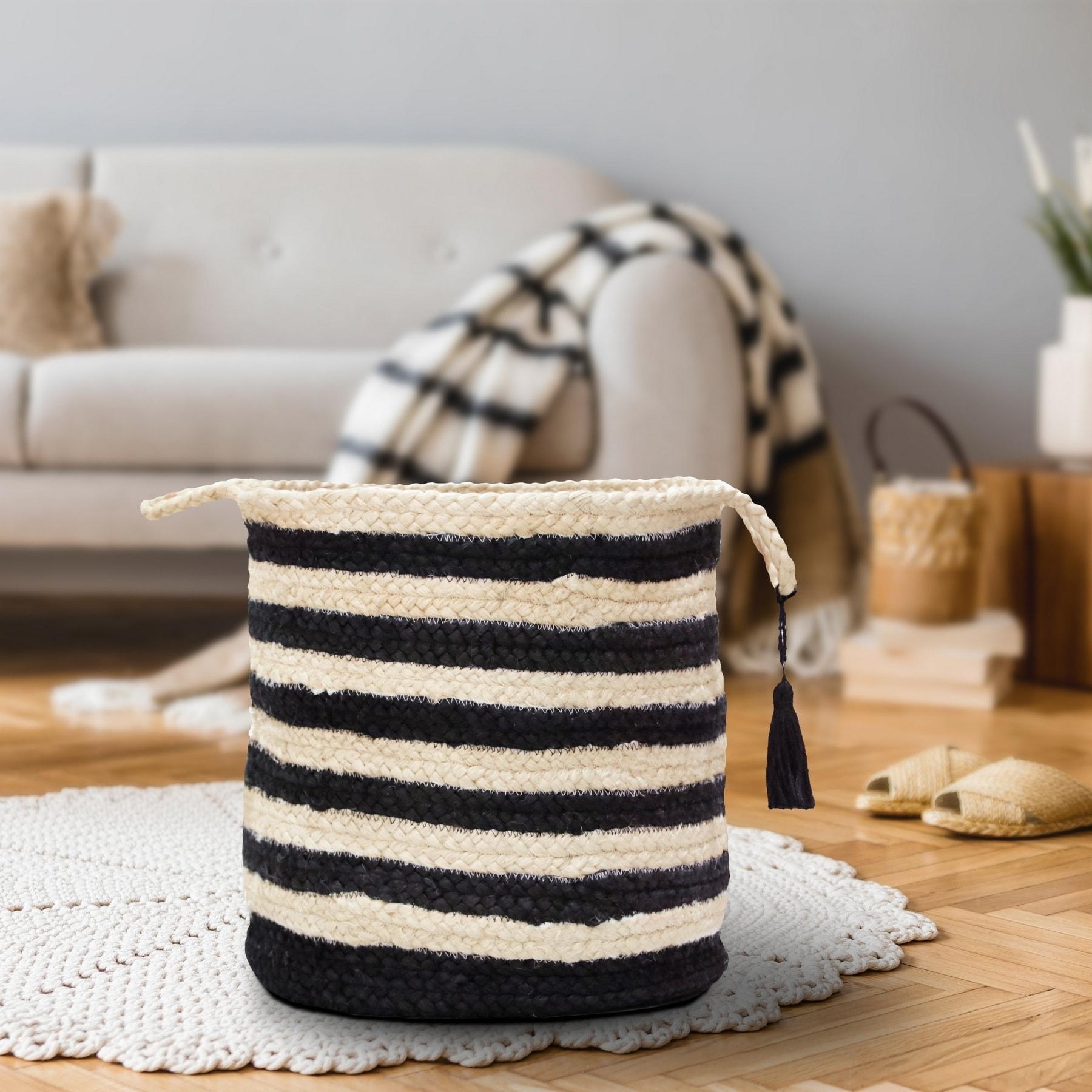 LR Home Woven Round Jute 17" Storage Basket with Handles, Black/White Multi Stripe