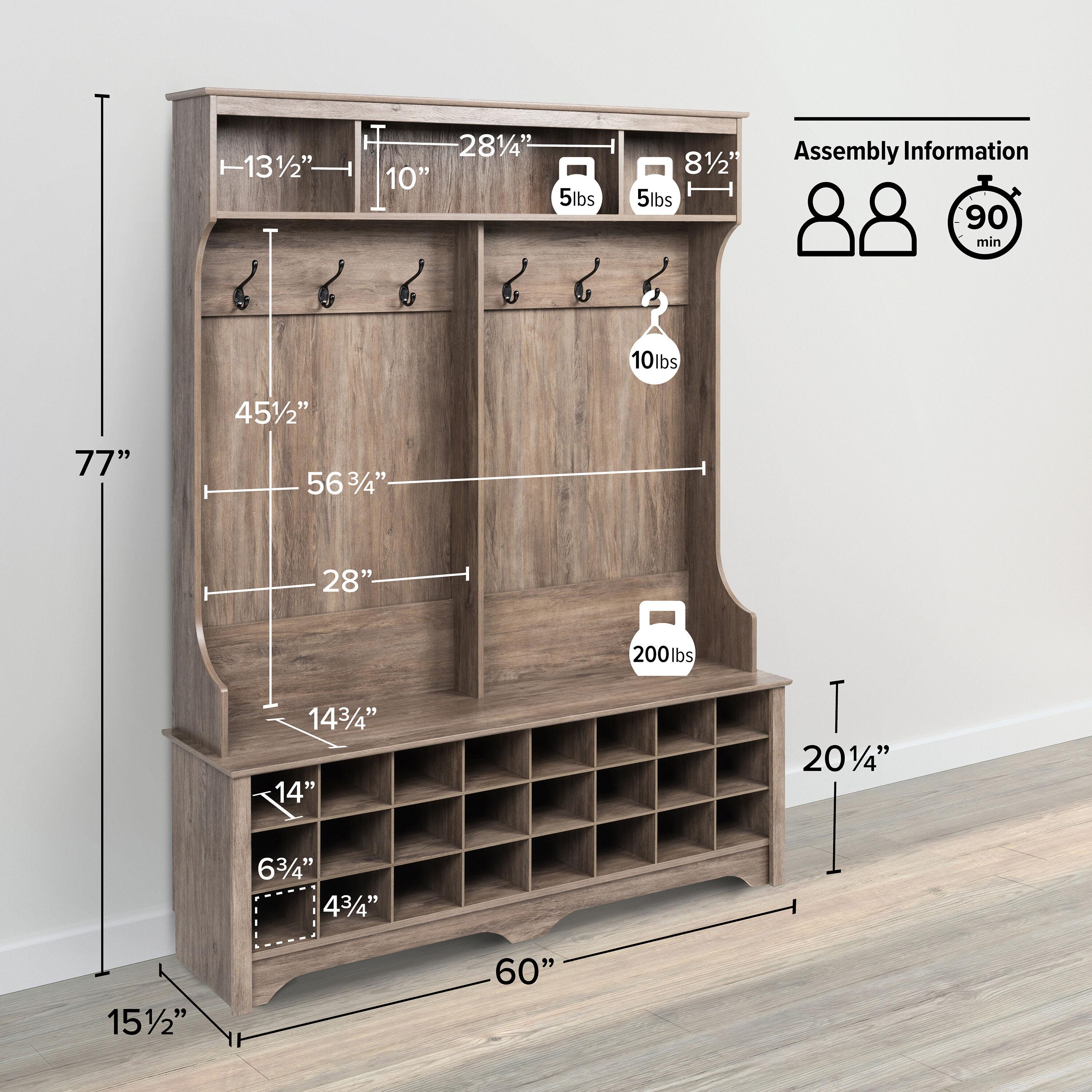 60" Wide Hall Tree with 24 Shoe Cubbies Drifted Gray - Prepac: Bench & Coat Rack Storage