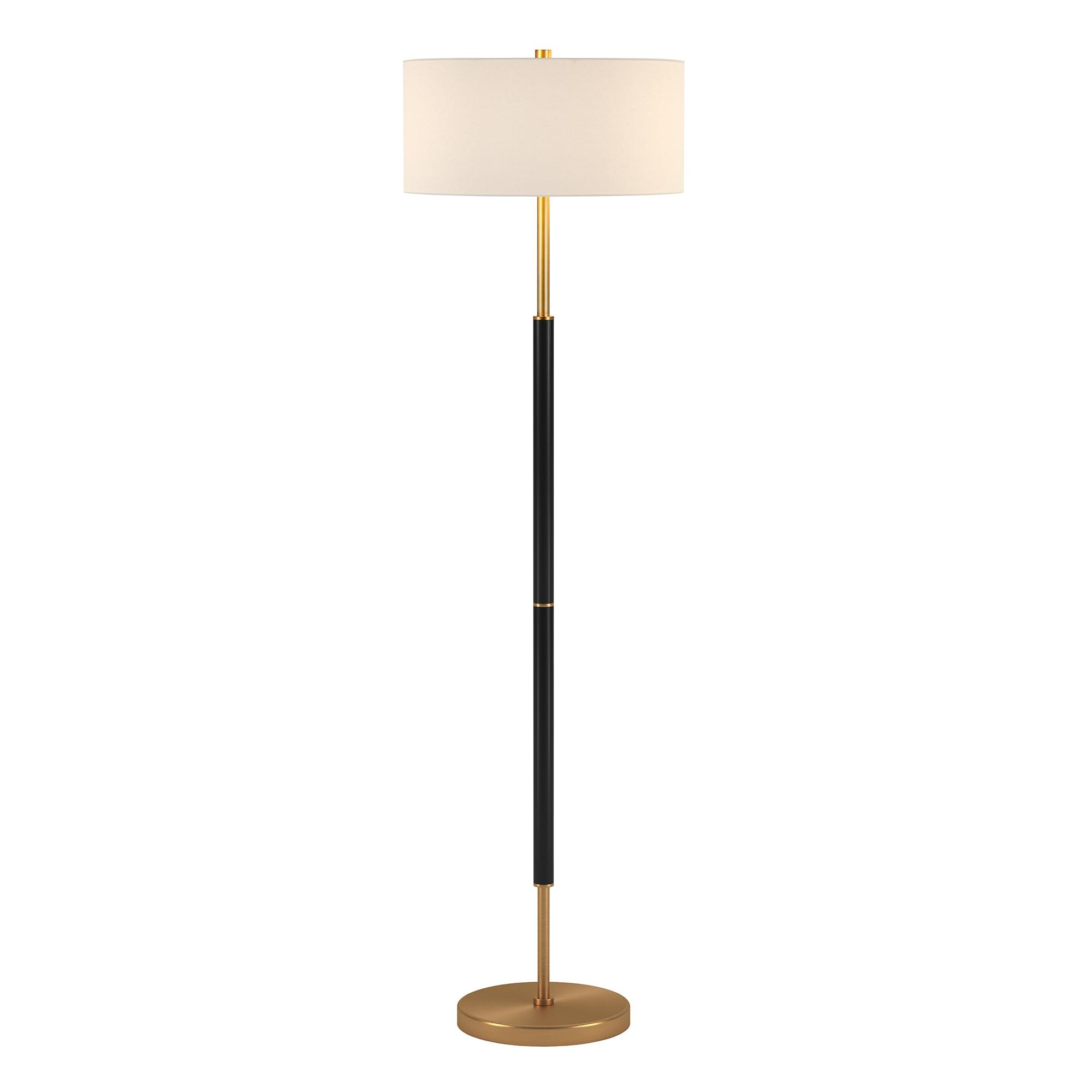 Evelyn&Zoe Simone 2-Light Floor Lamp with Fabric Shade, Matte Black/Brass/White